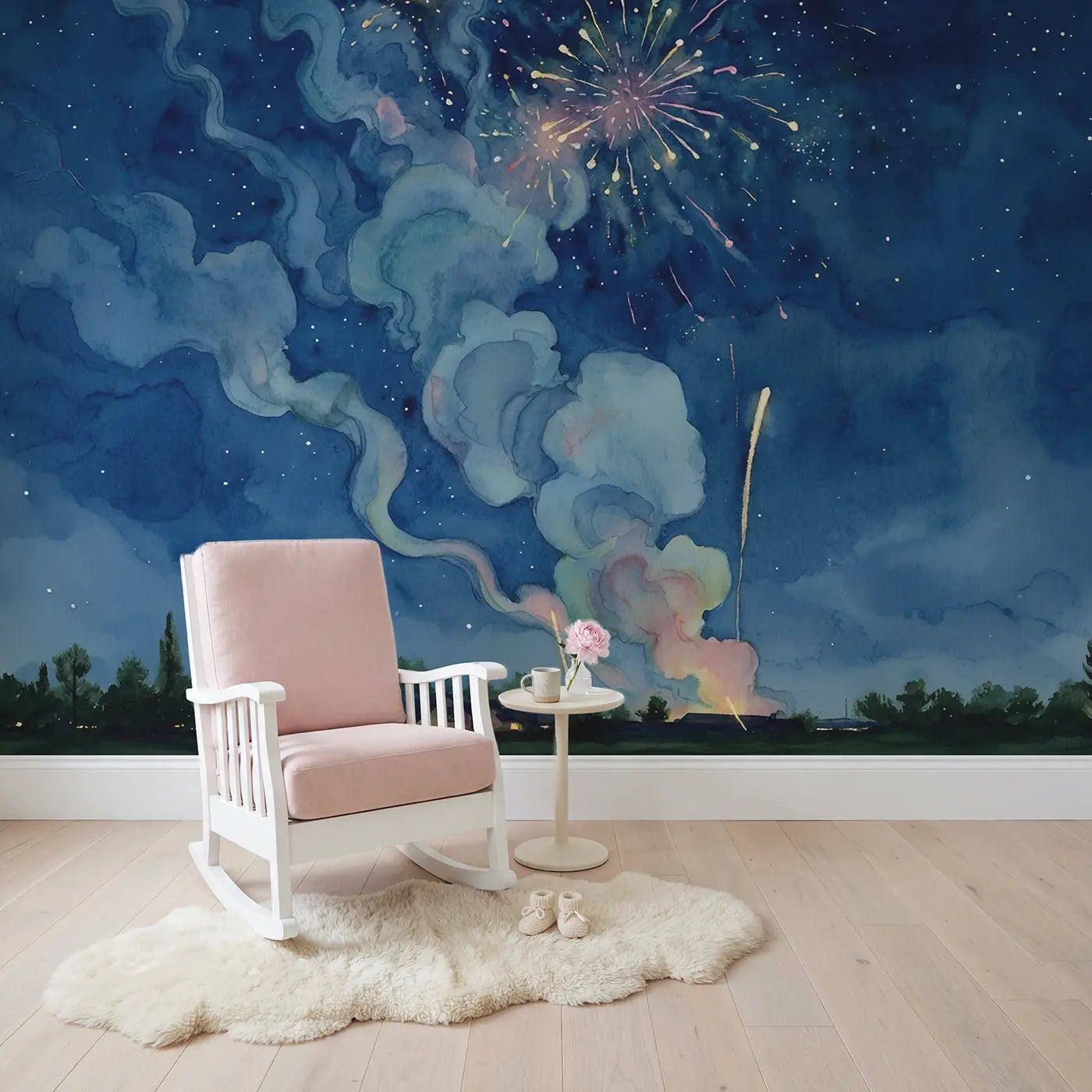 Firework Smoke Night Sky Wallpaper Mural in playroom setting by Whimsy Tots