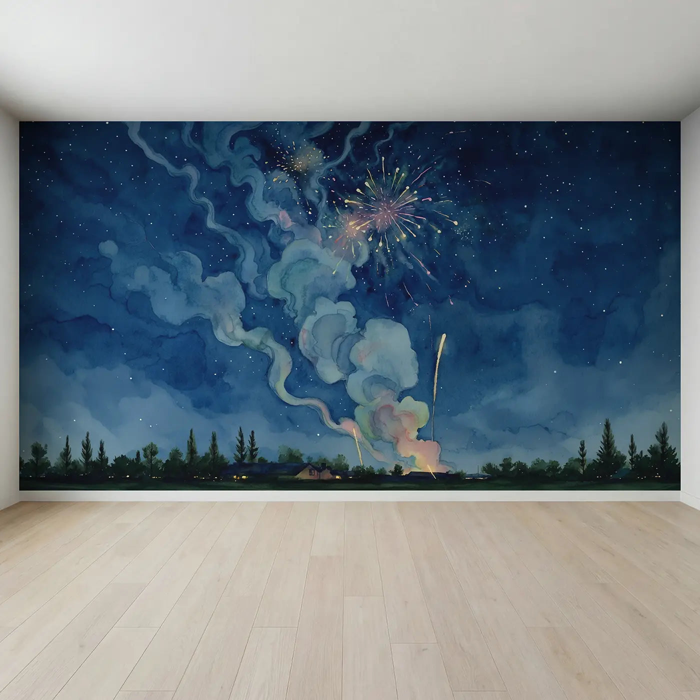 Full view of Firework Smoke Night Sky Wallpaper Mural by Whimsy Tots