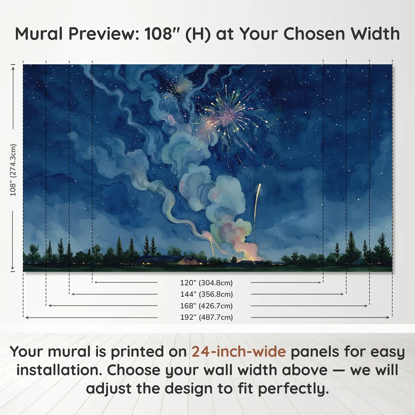 Panel layout and dimensions for Firework Smoke Night Sky Wallpaper Mural by Whimsy Tots