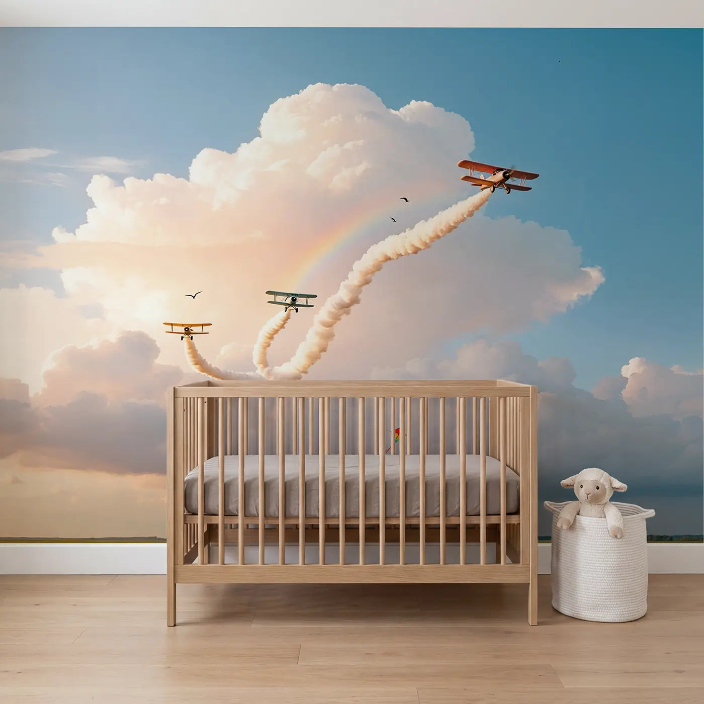 Soft pastel biplane and cloud sky wallpaper mural for kids room by Whimsy Tots