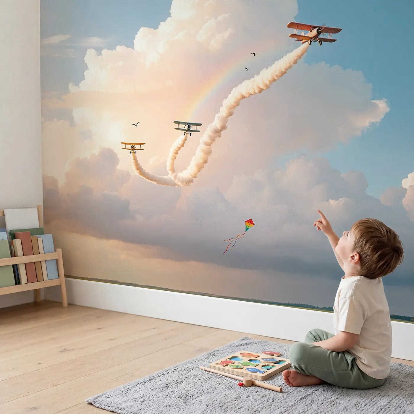 Child in nursery with Skywriter Planes and Clouds Wallpaper Mural by Whimsy Tots