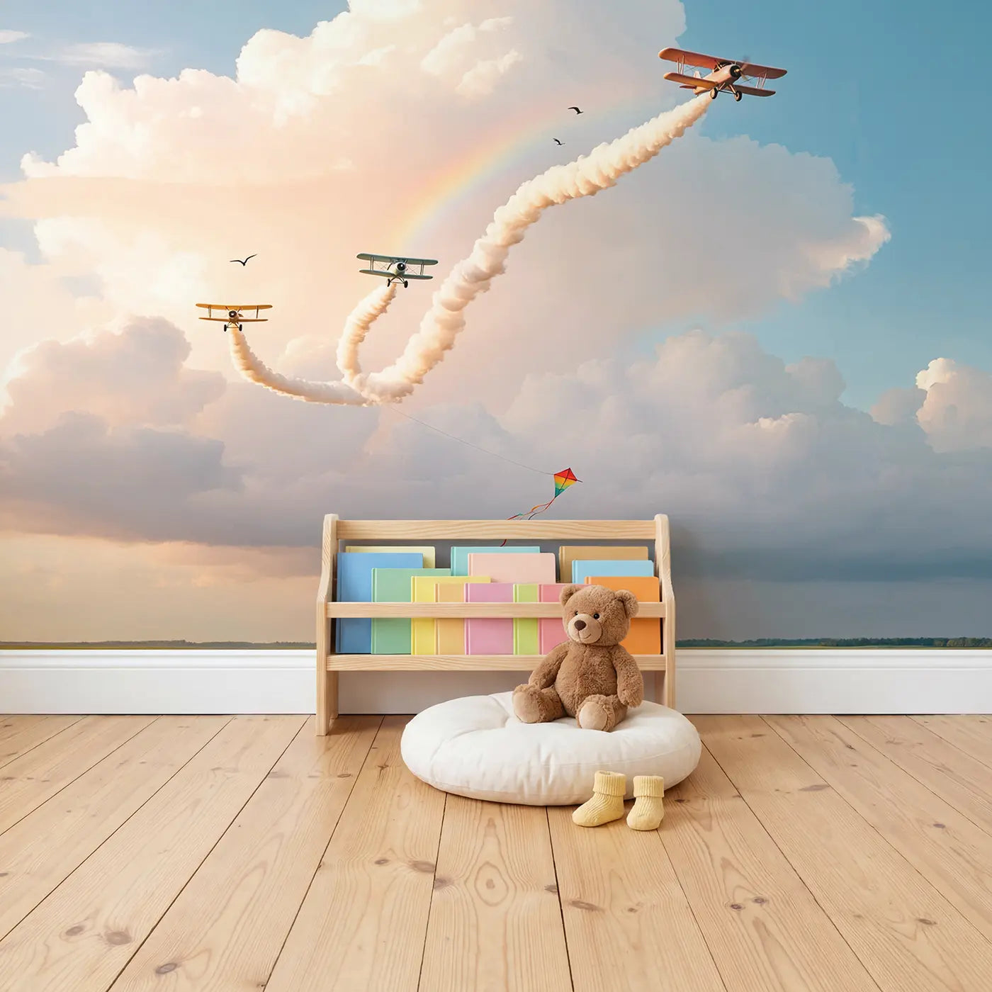 Skywriter Planes and Clouds Wallpaper Mural in playroom setting by Whimsy Tots