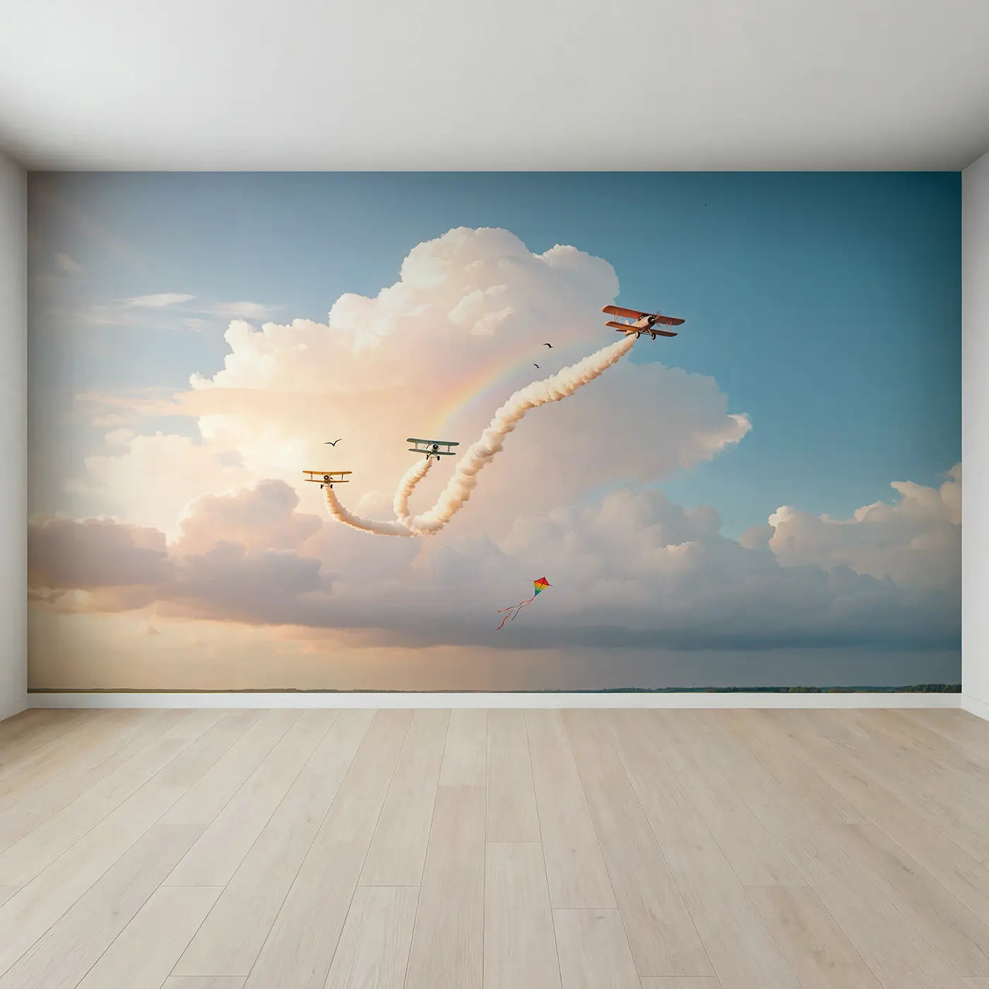 Full view of Skywriter Planes and Clouds Wallpaper Mural by Whimsy Tots