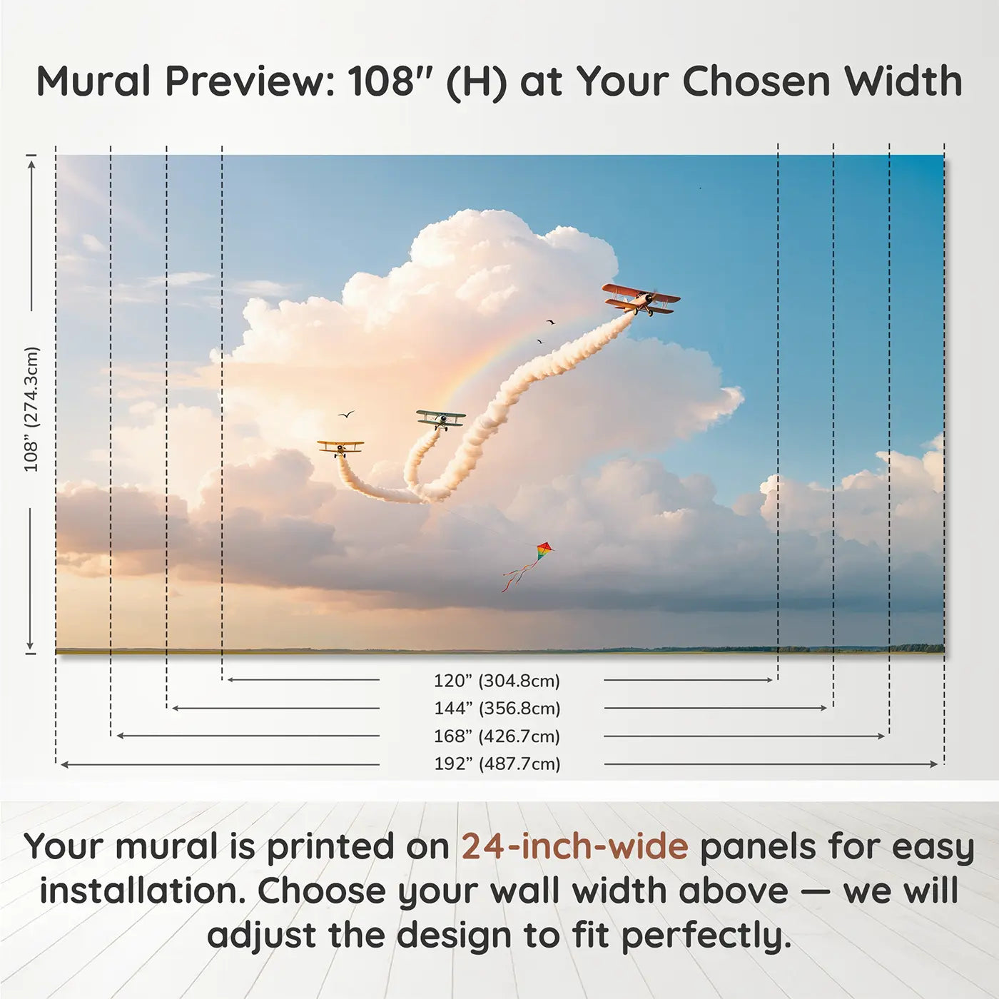 Panel layout and dimensions for Skywriter Planes and Clouds Wallpaper Mural by Whimsy Tots