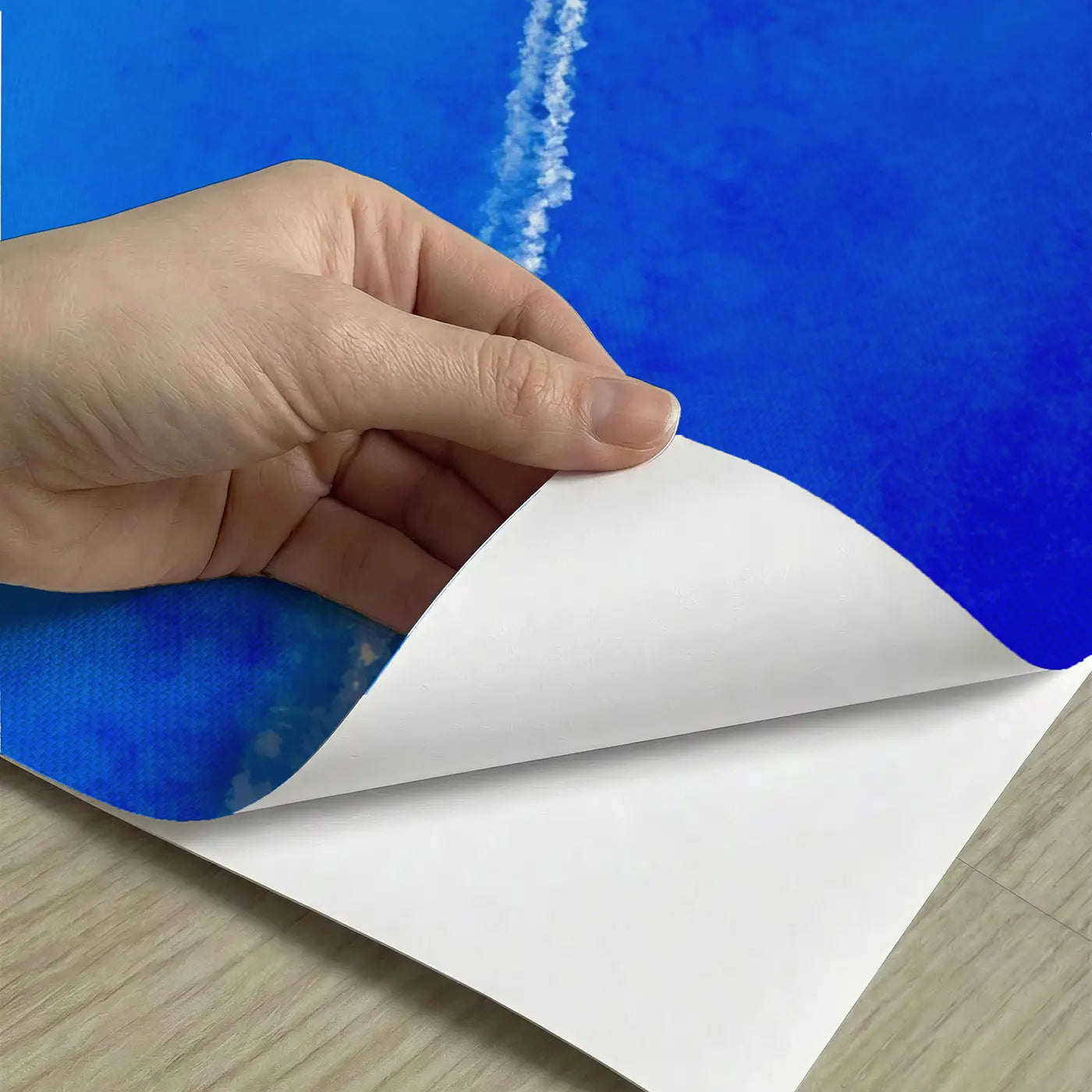 Peel-and-stick detail of Lone Contrail Blue Sky Wallpaper Mural by Whimsy Tots