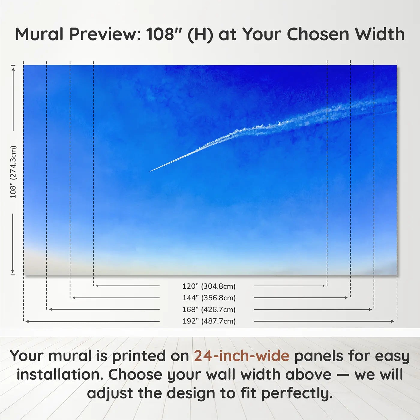 Panel layout and dimensions for Lone Contrail Blue Sky Wallpaper Mural by Whimsy Tots
