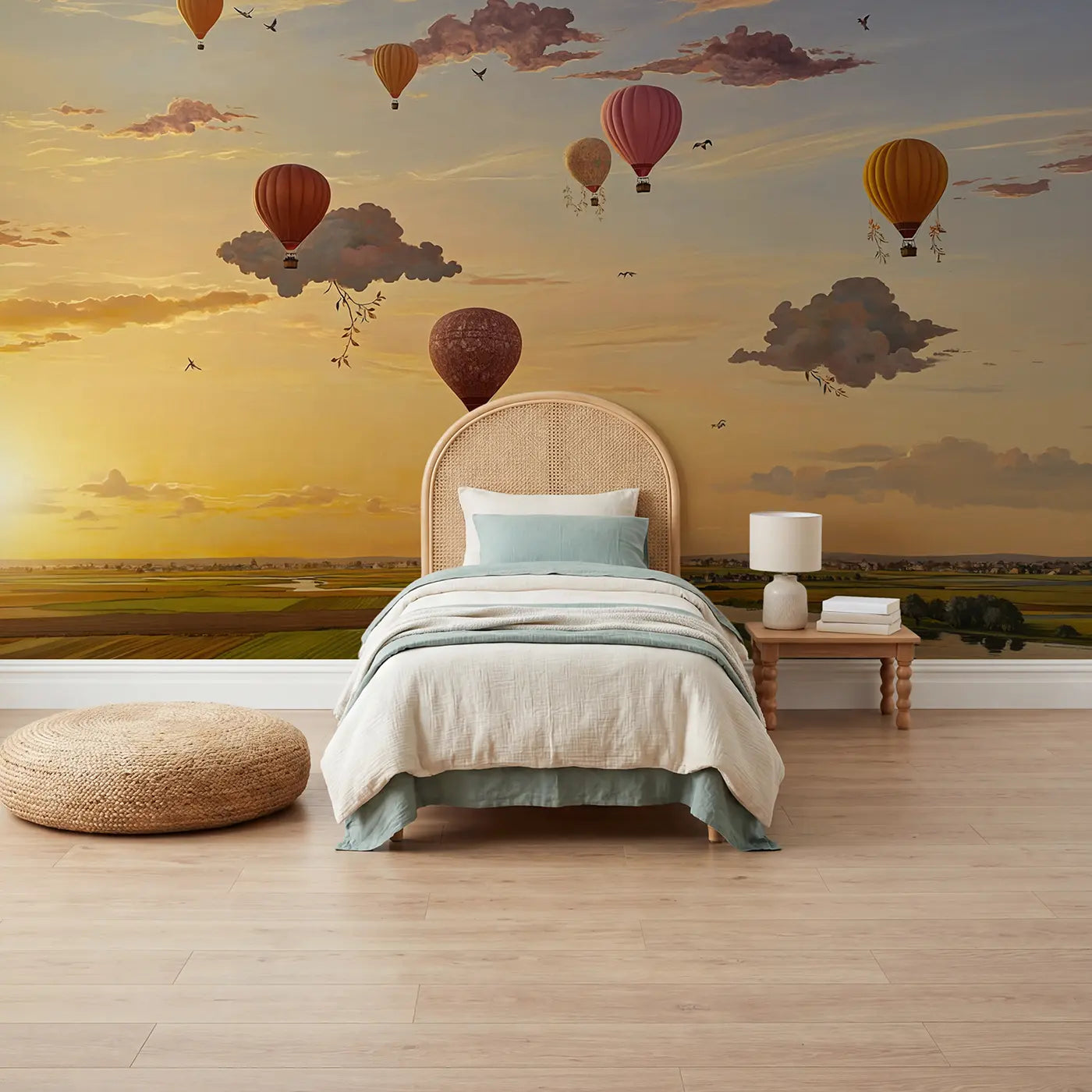 Botanical elegance hot air balloon cloud wallpaper mural for kids room by Whimsy Tots