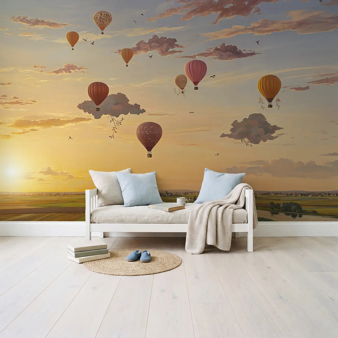 Cloud Balloon Parade Wallpaper Mural in playroom setting by Whimsy Tots
