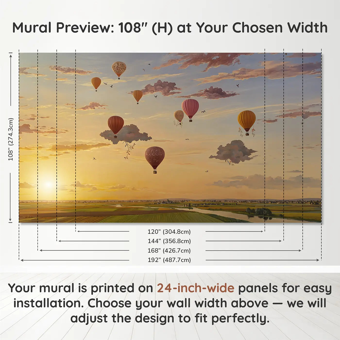 Panel layout and dimensions for Cloud Balloon Parade Wallpaper Mural by Whimsy Tots