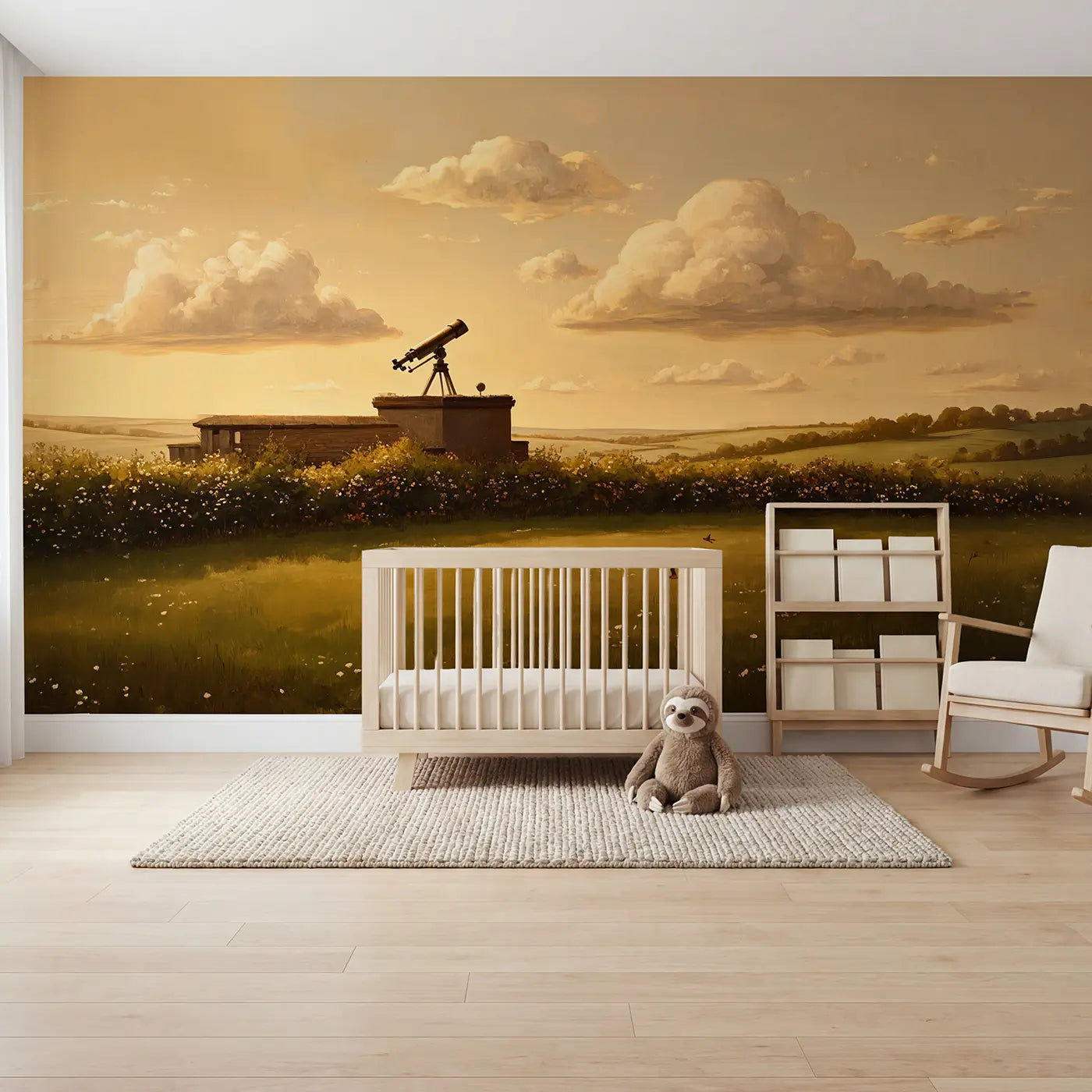 block print telescope rooftop clouds wallpaper mural for nursery by Whimsy Tots