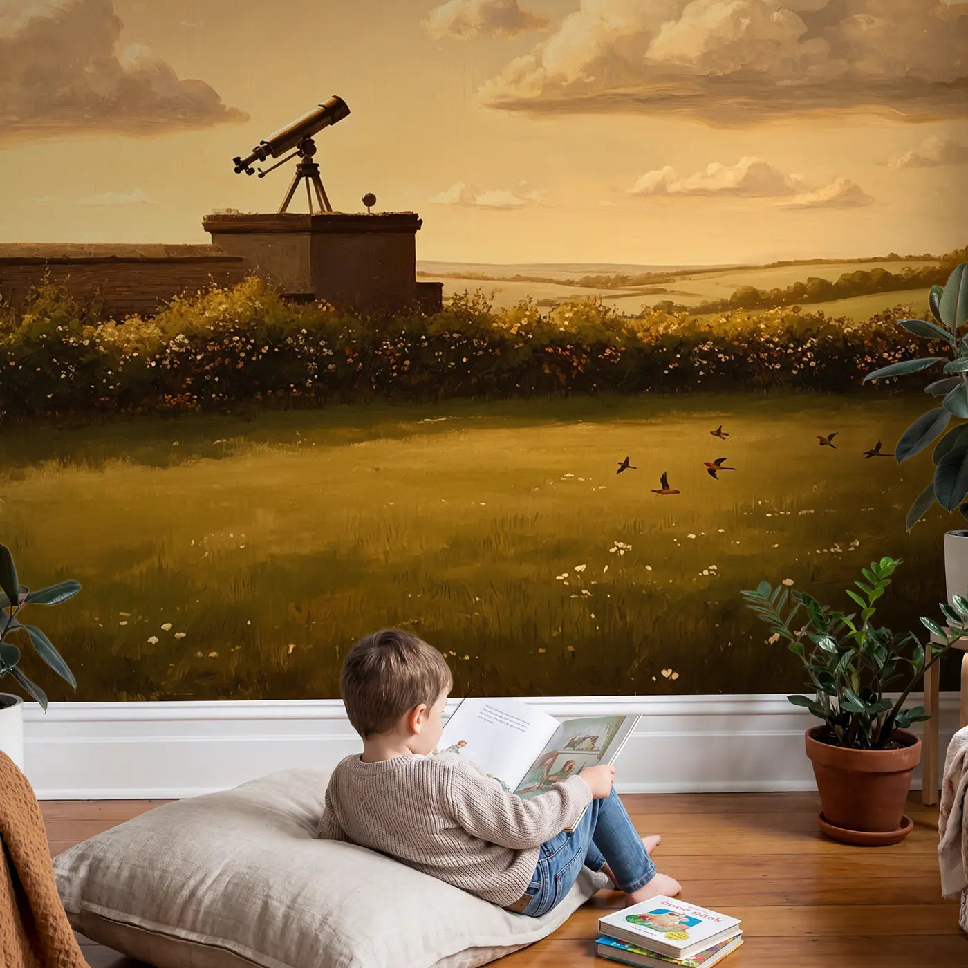 Child in nursery with Telescope Rooftop Pointed Clouds Wallpaper Mural by Whimsy Tots