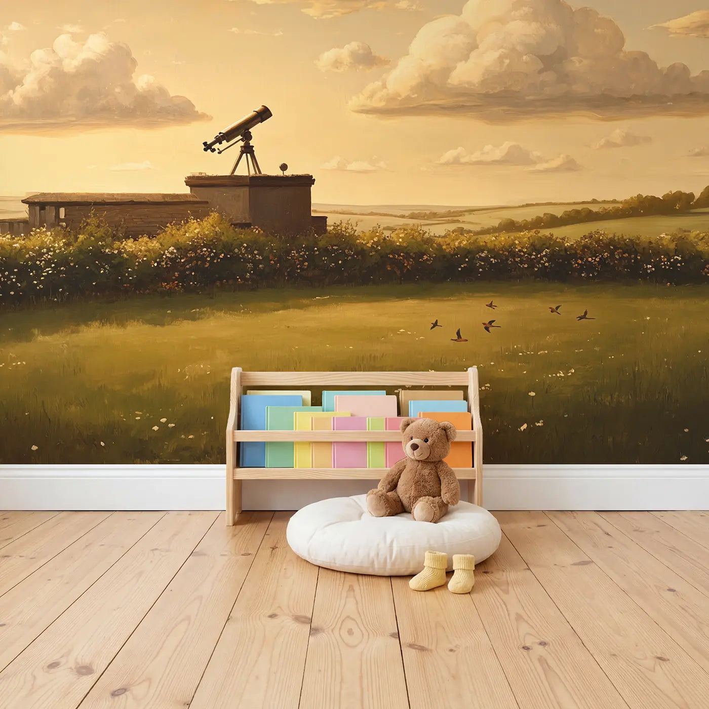 Telescope Rooftop Pointed Clouds Wallpaper Mural in playroom setting by Whimsy Tots