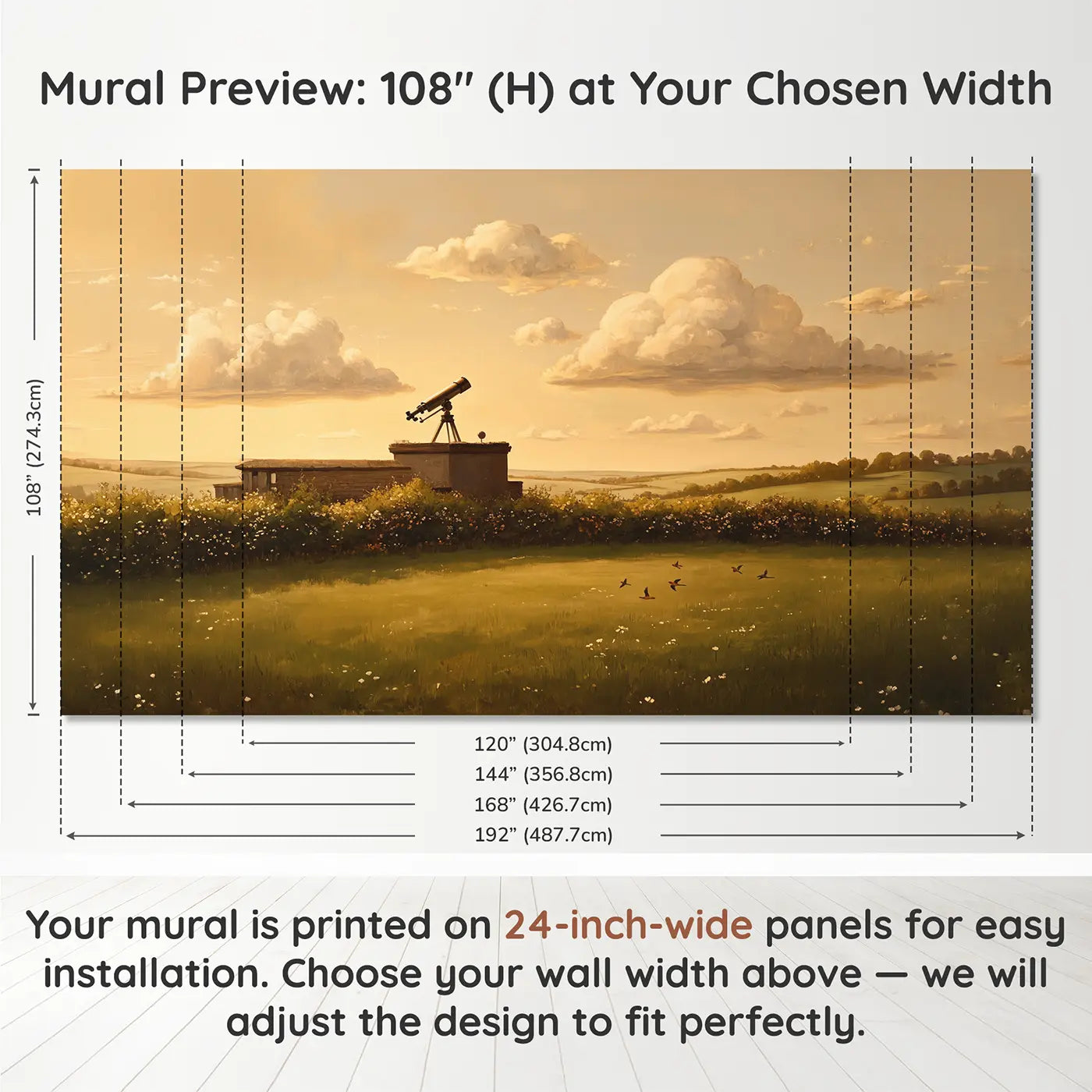 Panel layout and dimensions for Telescope Rooftop Pointed Clouds Wallpaper Mural by Whimsy Tots