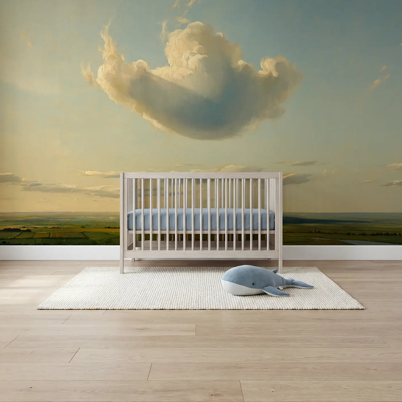 Painted Landscape afternoon cloud shadow meadow wallpaper mural for boys room by Whimsy Tots