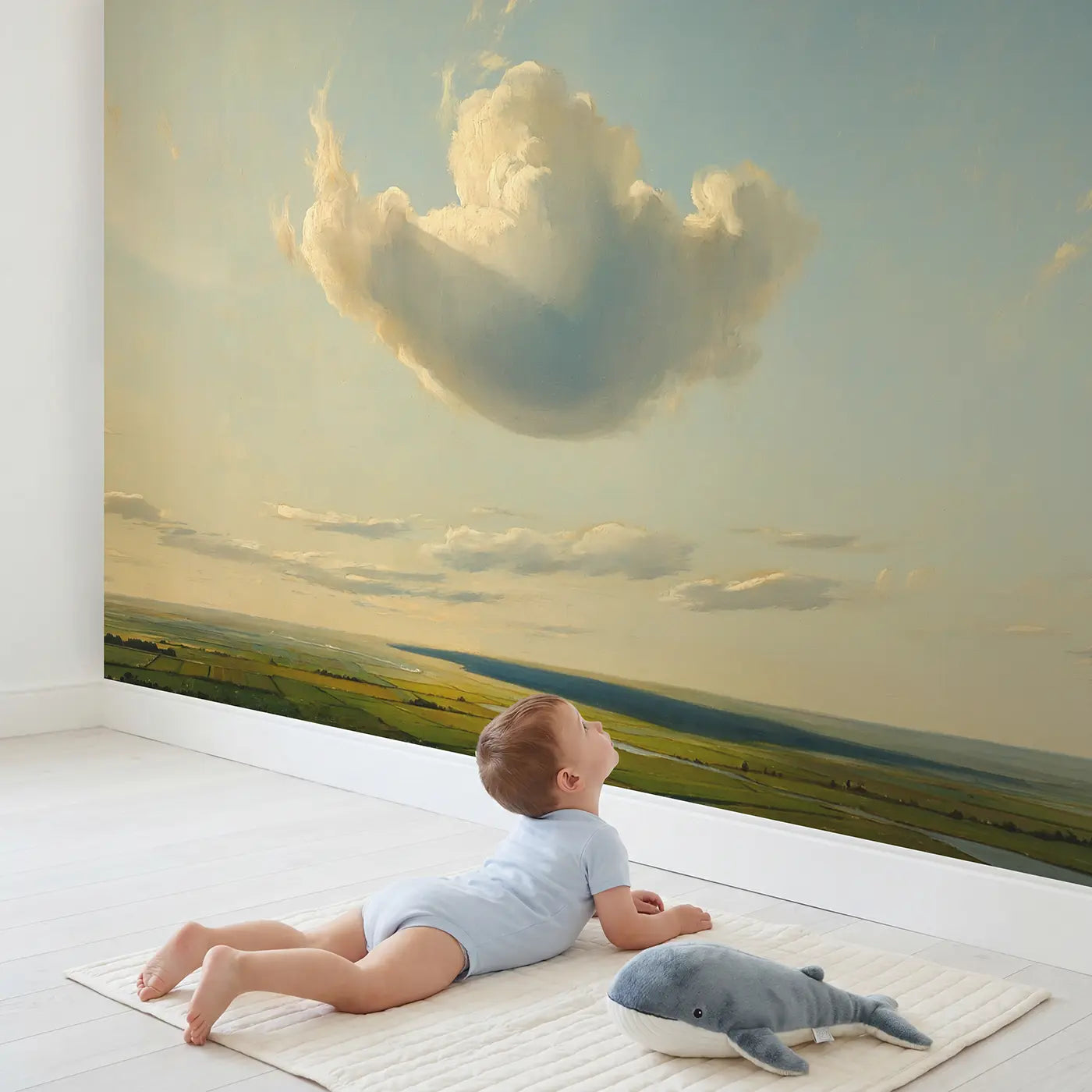 Child in nursery with Afternoon Cloud Shadow Meadow Wallpaper Mural by Whimsy Tots