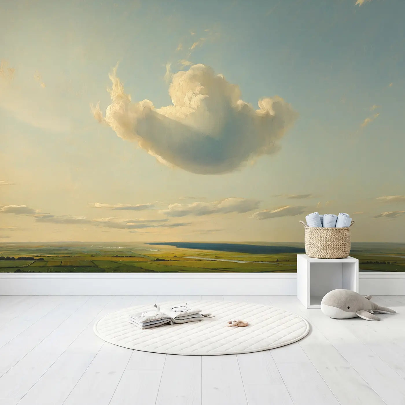 Afternoon Cloud Shadow Meadow Wallpaper Mural in playroom setting by Whimsy Tots
