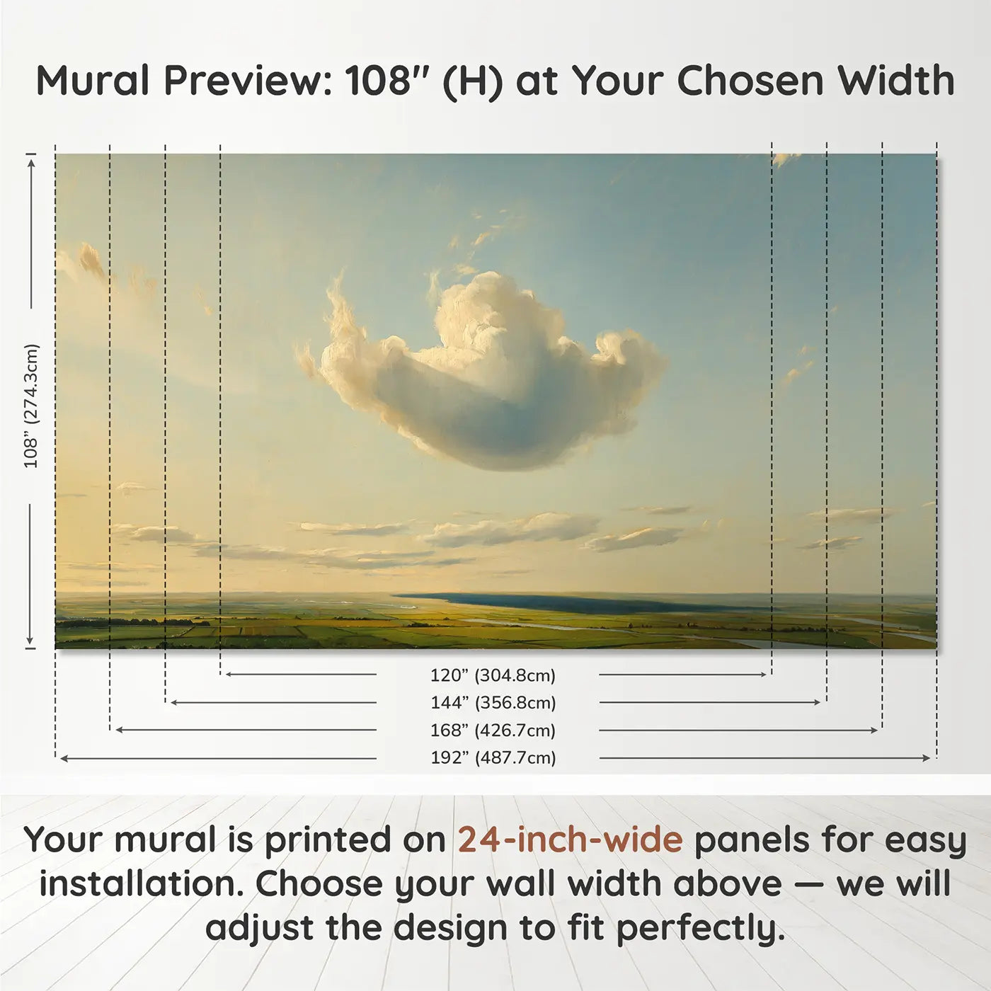 Panel layout and dimensions for Afternoon Cloud Shadow Meadow Wallpaper Mural by Whimsy Tots