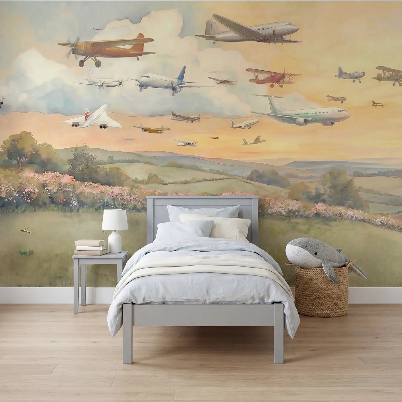 Watercolor airplanes eras clouds sky wallpaper mural for boys room by Whimsy Tots