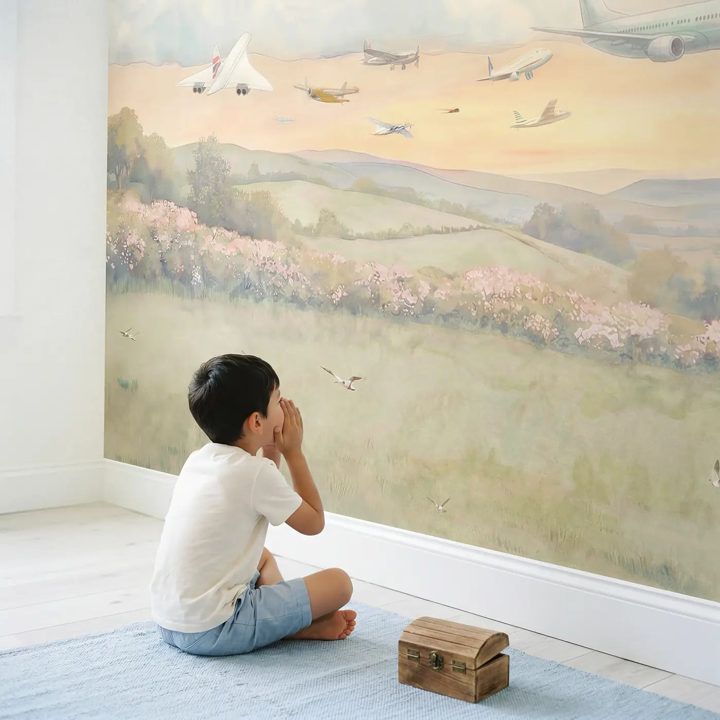Child in nursery with Airplanes Different Eras Passing Wallpaper Mural by Whimsy Tots
