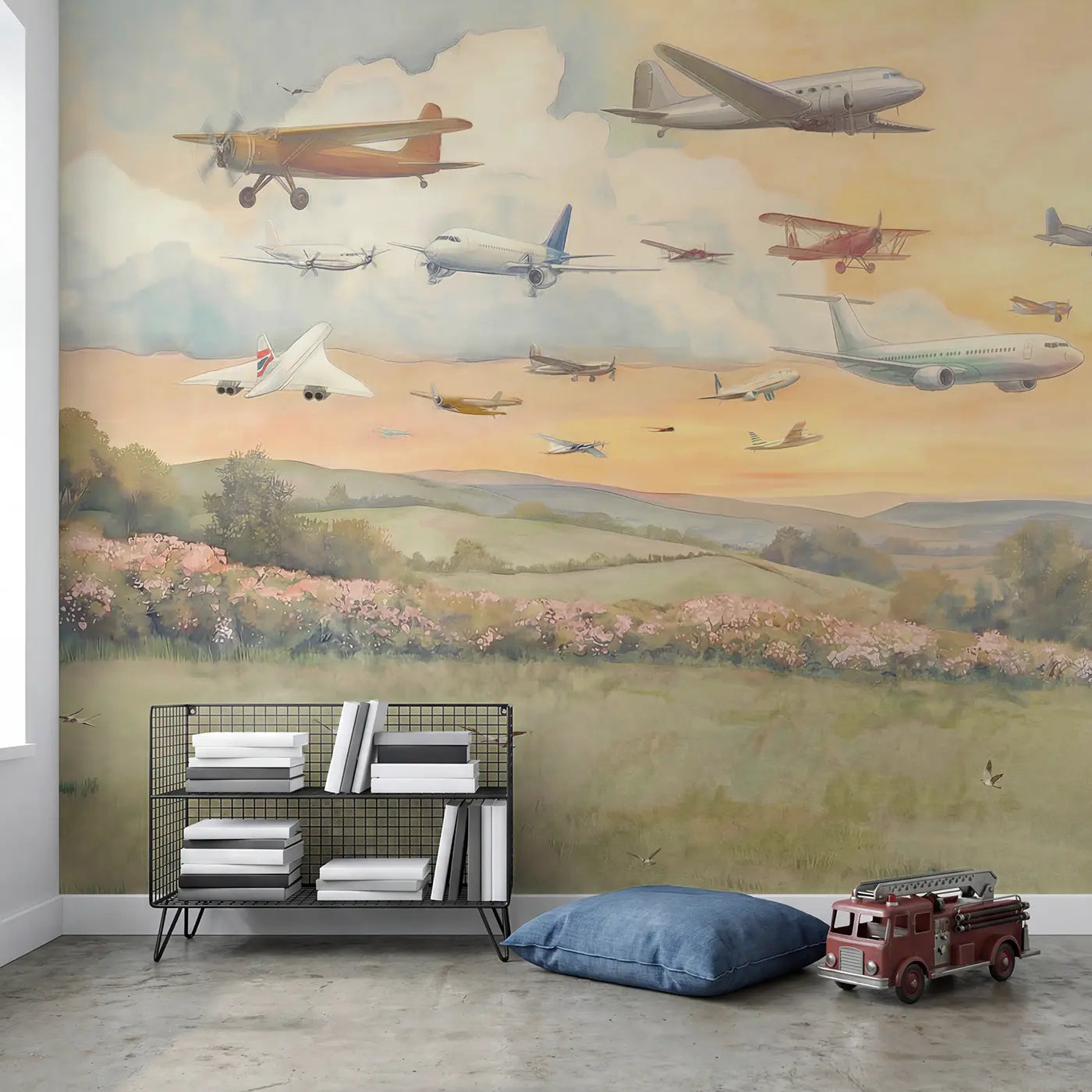 Airplanes Different Eras Passing Wallpaper Mural in playroom setting by Whimsy Tots