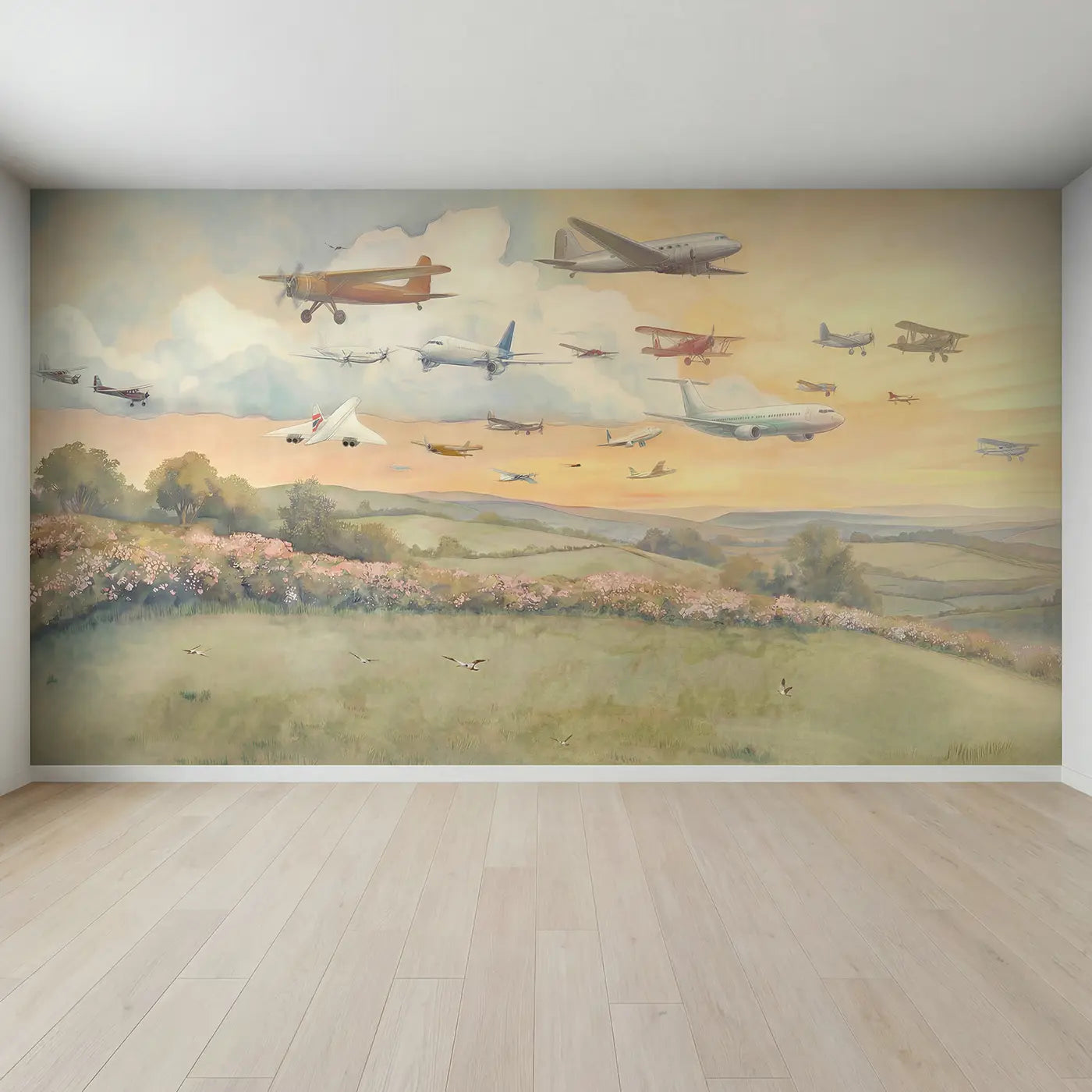 Full view of Airplanes Different Eras Passing Wallpaper Mural by Whimsy Tots