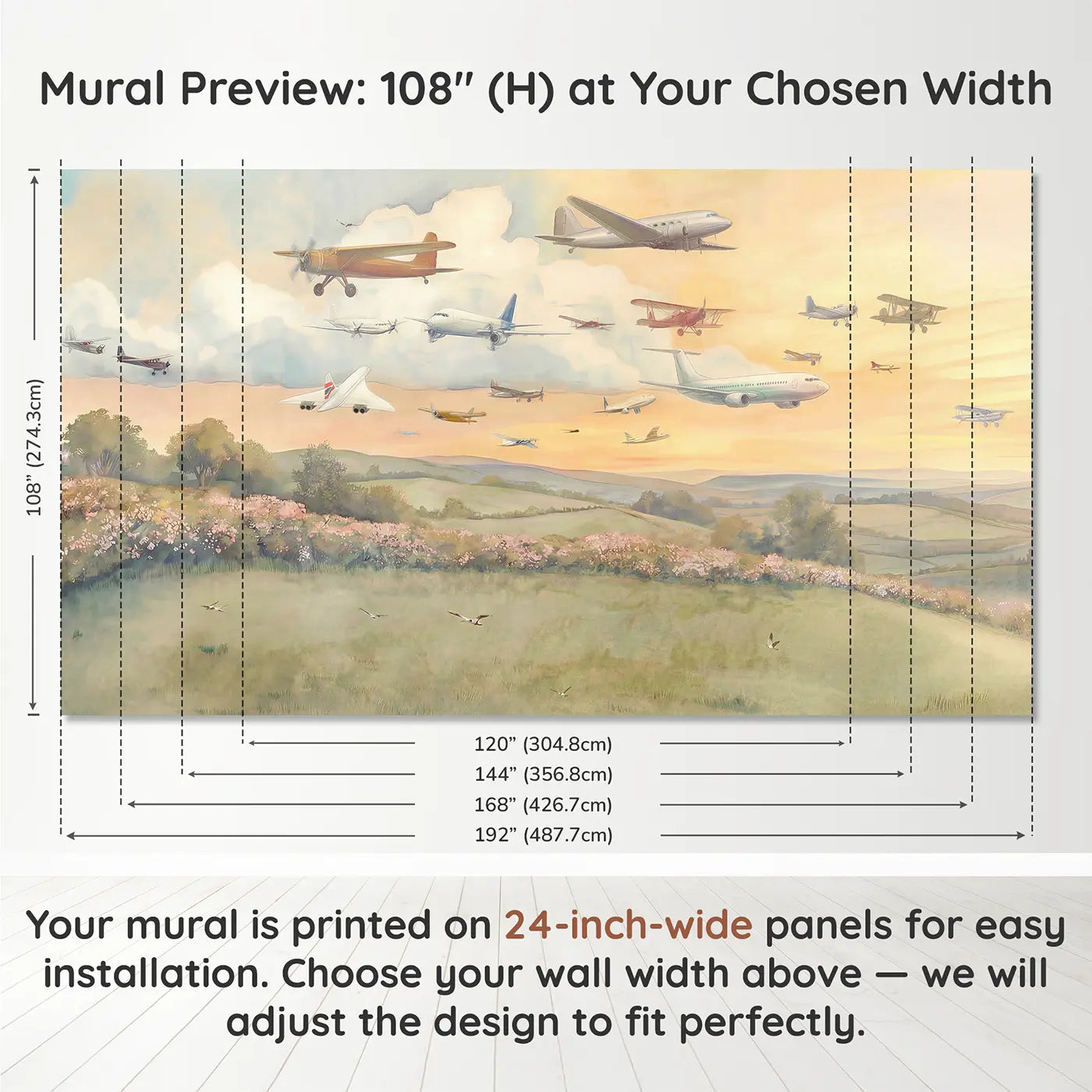 Panel layout and dimensions for Airplanes Different Eras Passing Wallpaper Mural by Whimsy Tots