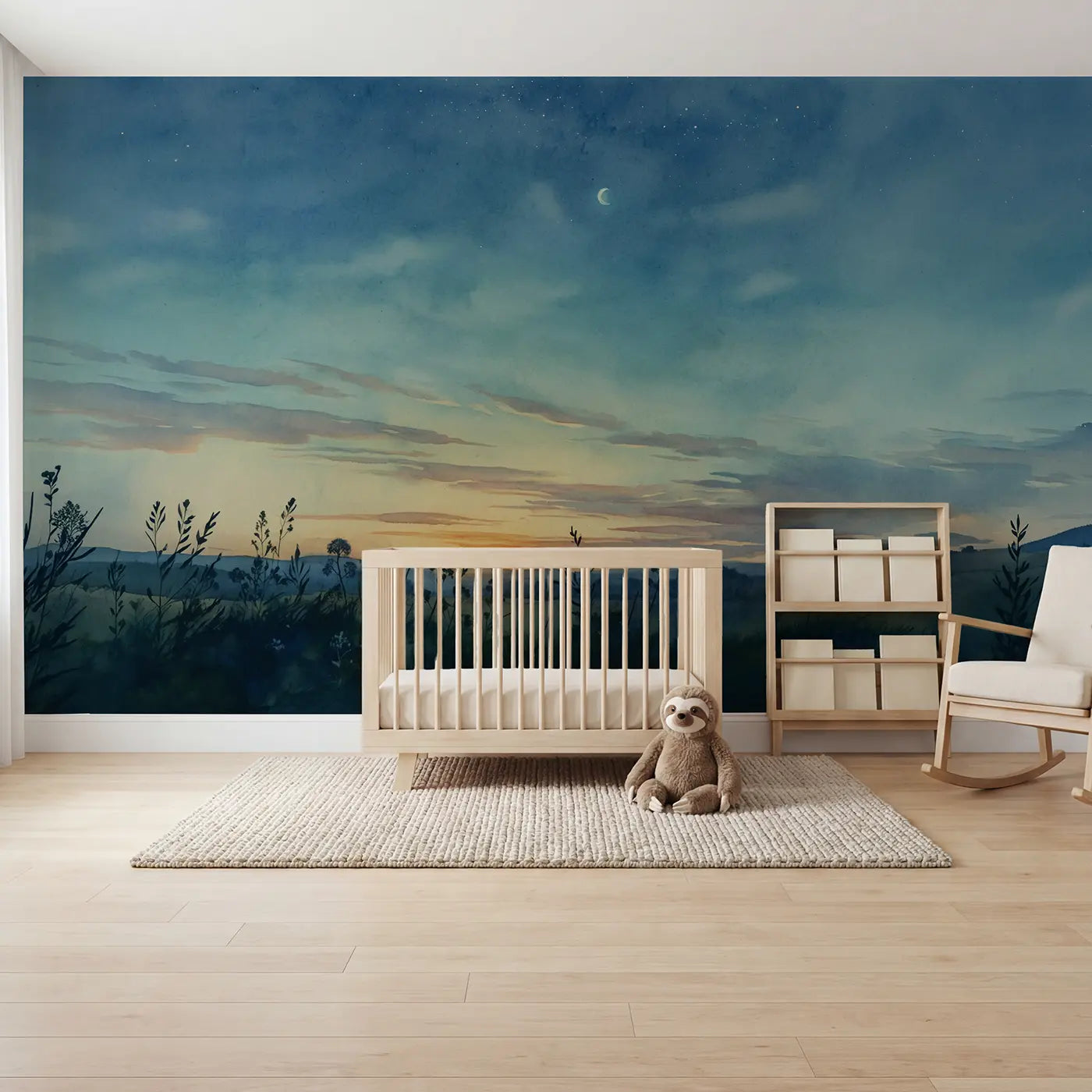 Watercolor star sky wallpaper mural for nursery by Whimsy Tots