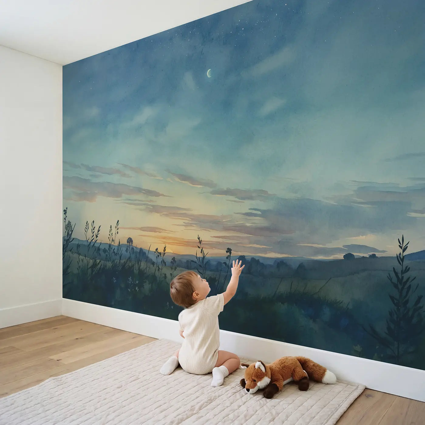 Child in nursery with Venus Evening Star Sky Wallpaper Mural by Whimsy Tots