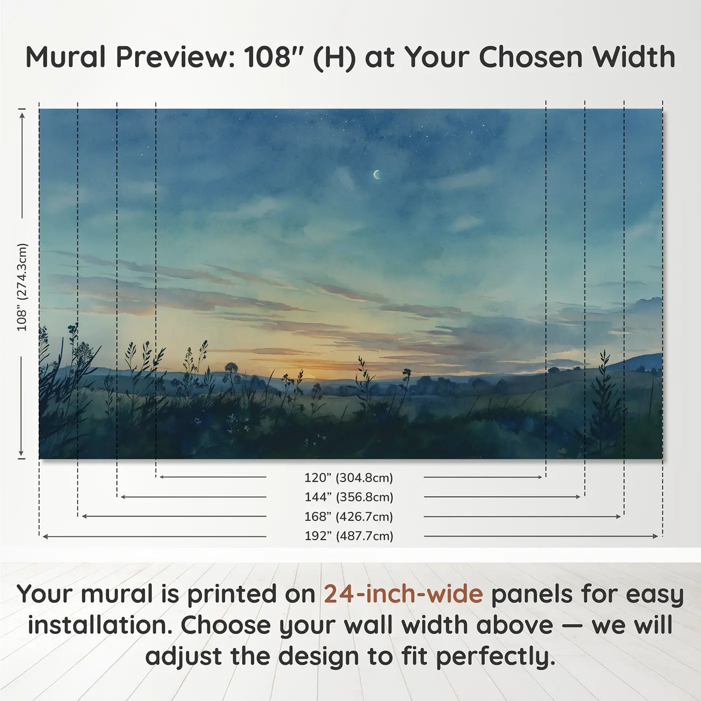 Panel layout and dimensions for Venus Evening Star Sky Wallpaper Mural by Whimsy Tots