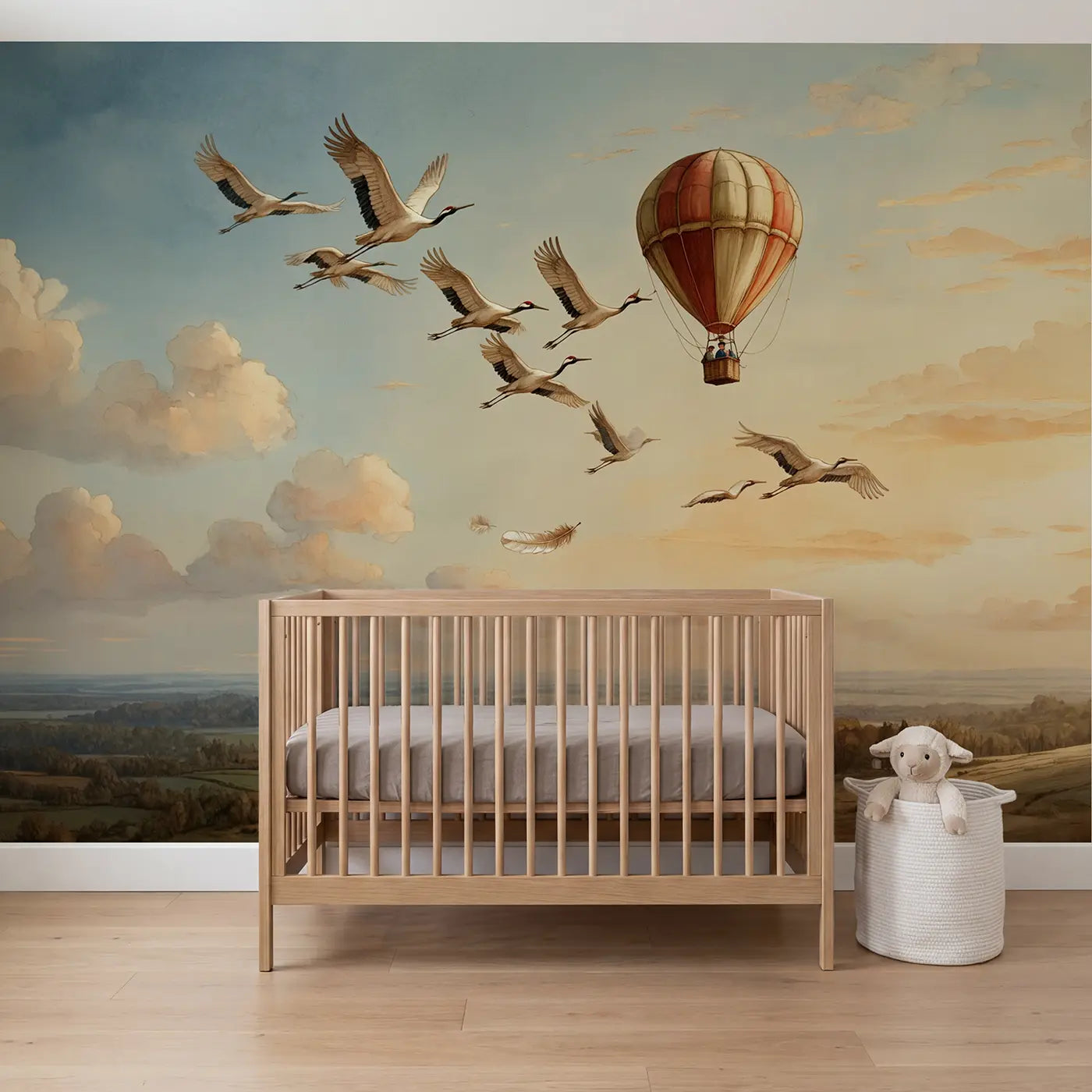 storybook illustration balloons and cranes sky mural for nursery by Whimsy Tots
