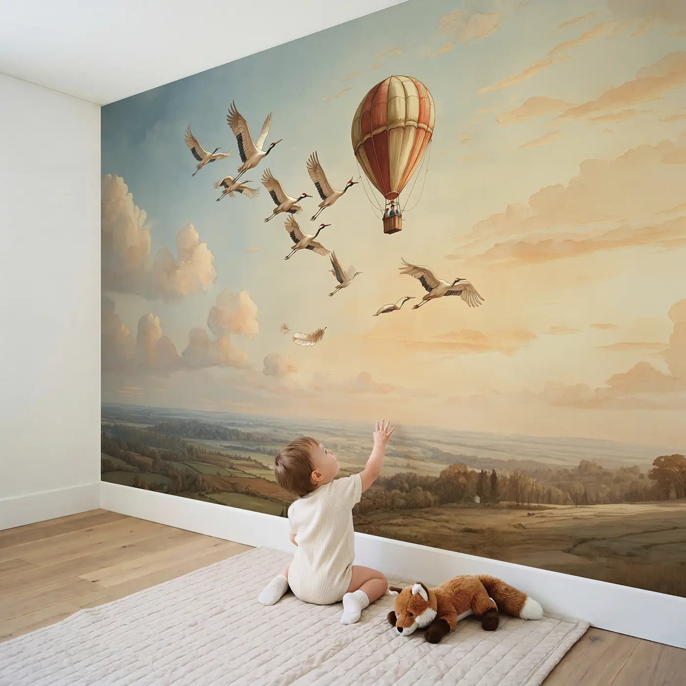 Child in nursery with Balloon and Crane Migration Sky Wallpaper Mural by Whimsy Tots