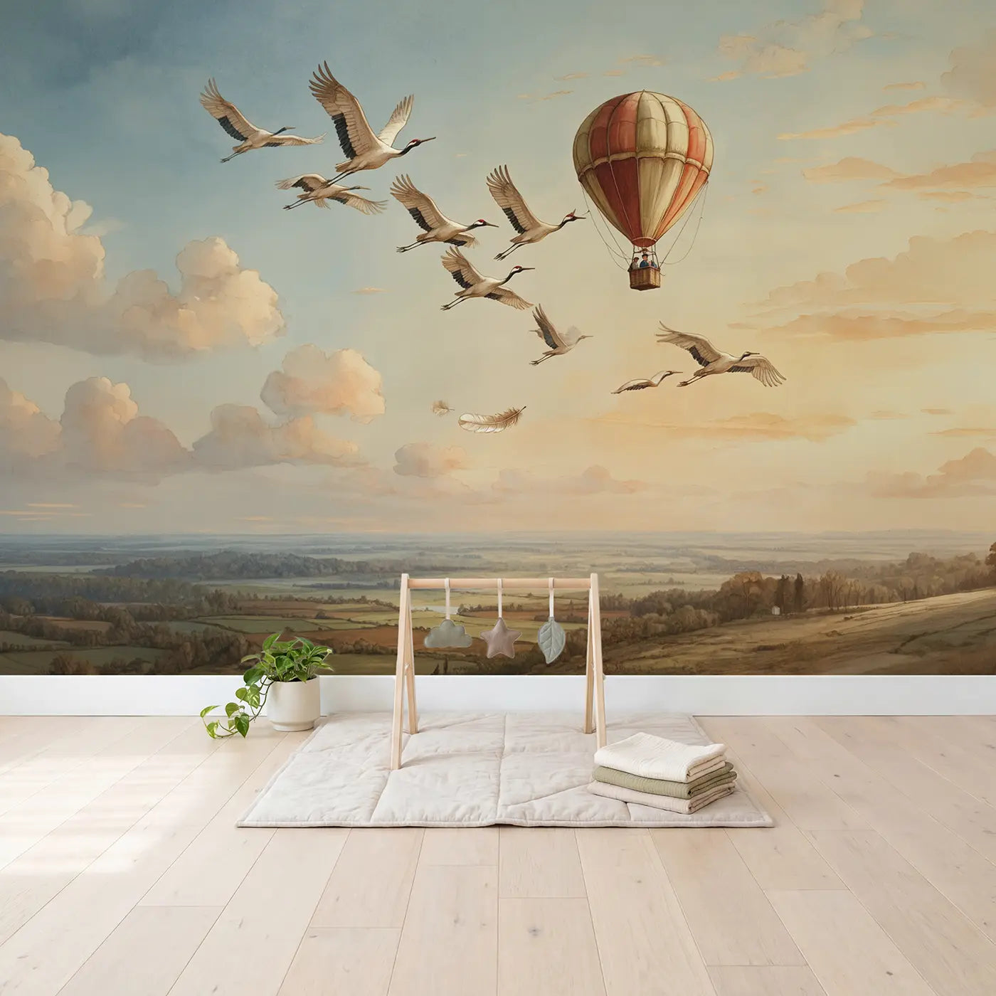 Balloon and Crane Migration Sky Wallpaper Mural in playroom setting by Whimsy Tots