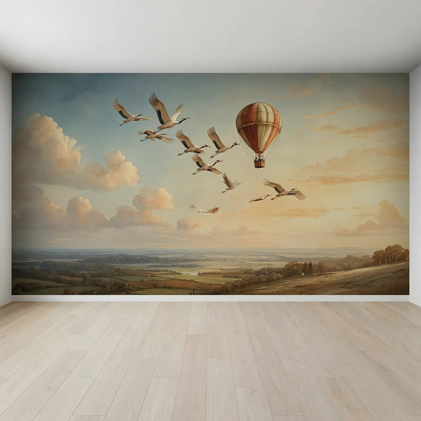 Full view of Balloon and Crane Migration Sky Wallpaper Mural by Whimsy Tots