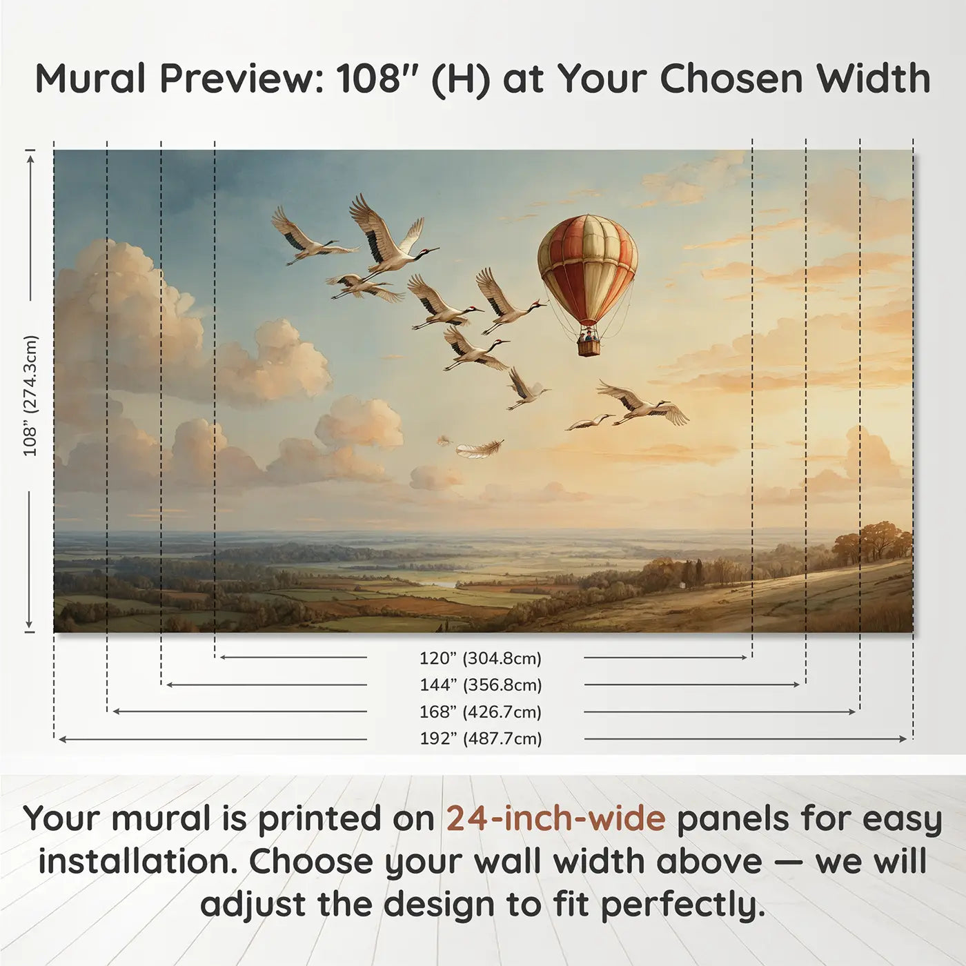 Panel layout and dimensions for Balloon and Crane Migration Sky Wallpaper Mural by Whimsy Tots