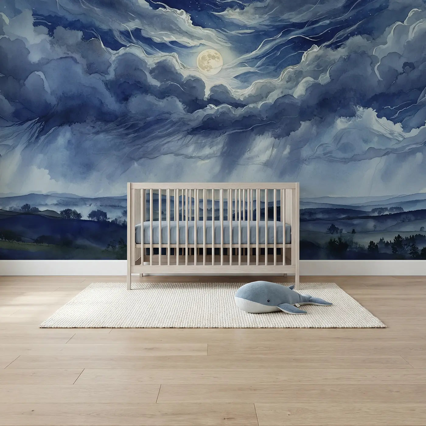 Watercolor moon and racing clouds nighttime sky wallpaper mural for nursery by Whimsy Tots