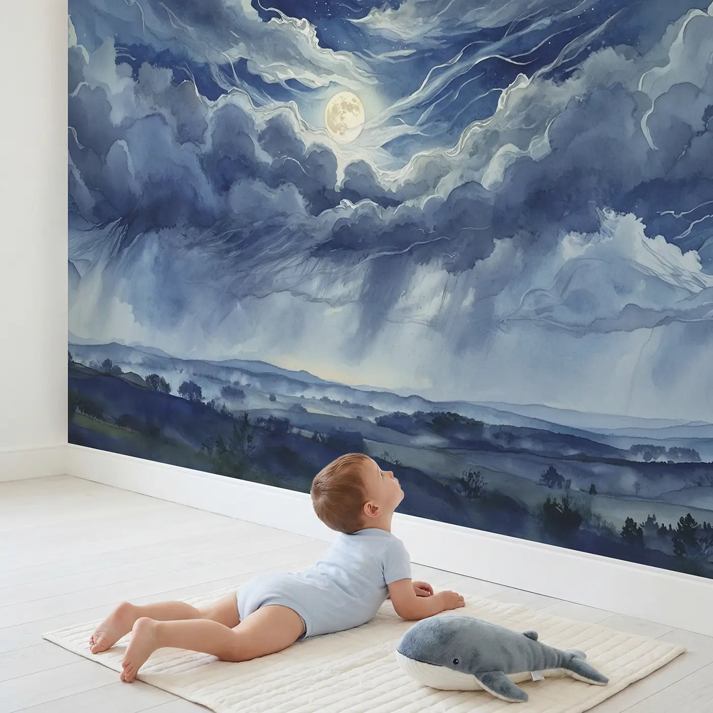 Child in nursery with Moonlit Racing Clouds Wallpaper Mural by Whimsy Tots