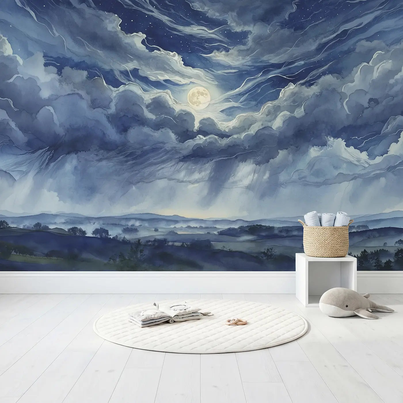Moonlit Racing Clouds Wallpaper Mural in playroom setting by Whimsy Tots