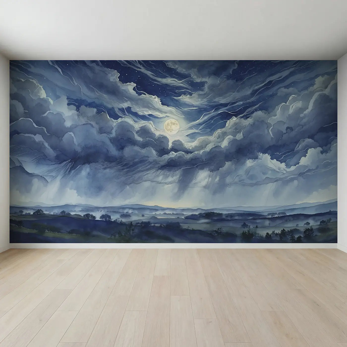 Full view of Moonlit Racing Clouds Wallpaper Mural by Whimsy Tots