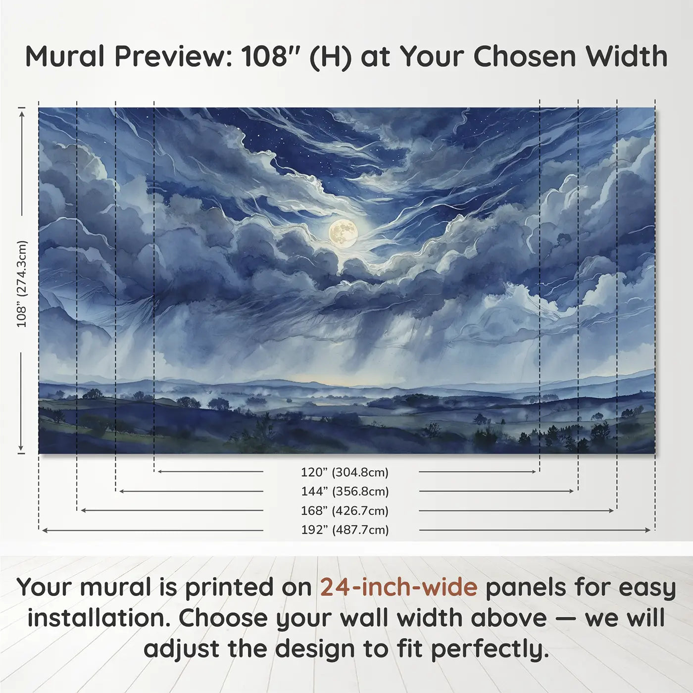 Panel layout and dimensions for Moonlit Racing Clouds Wallpaper Mural by Whimsy Tots