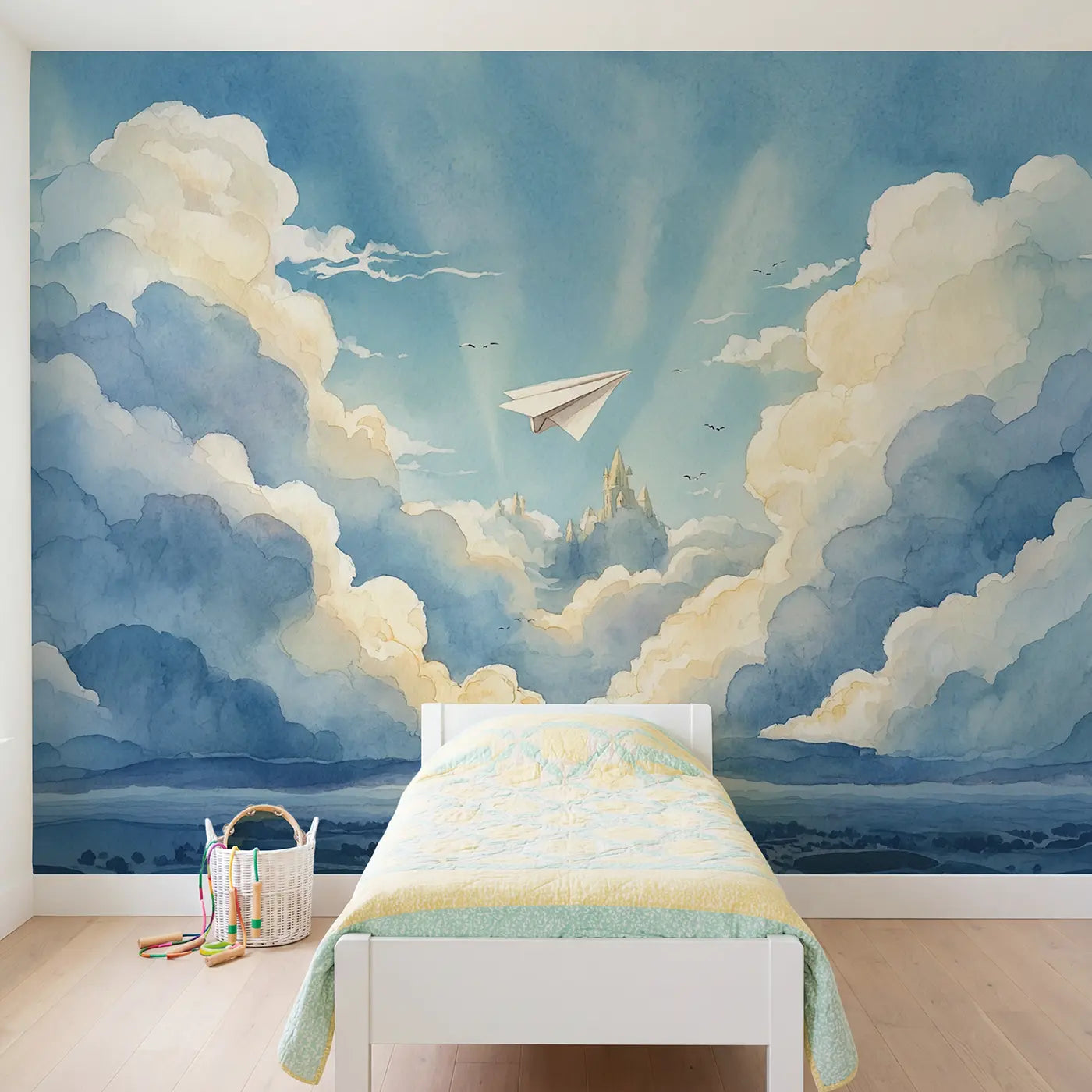 Watercolor paper airplane and cloud wallpaper mural for girls room by Whimsy Tots