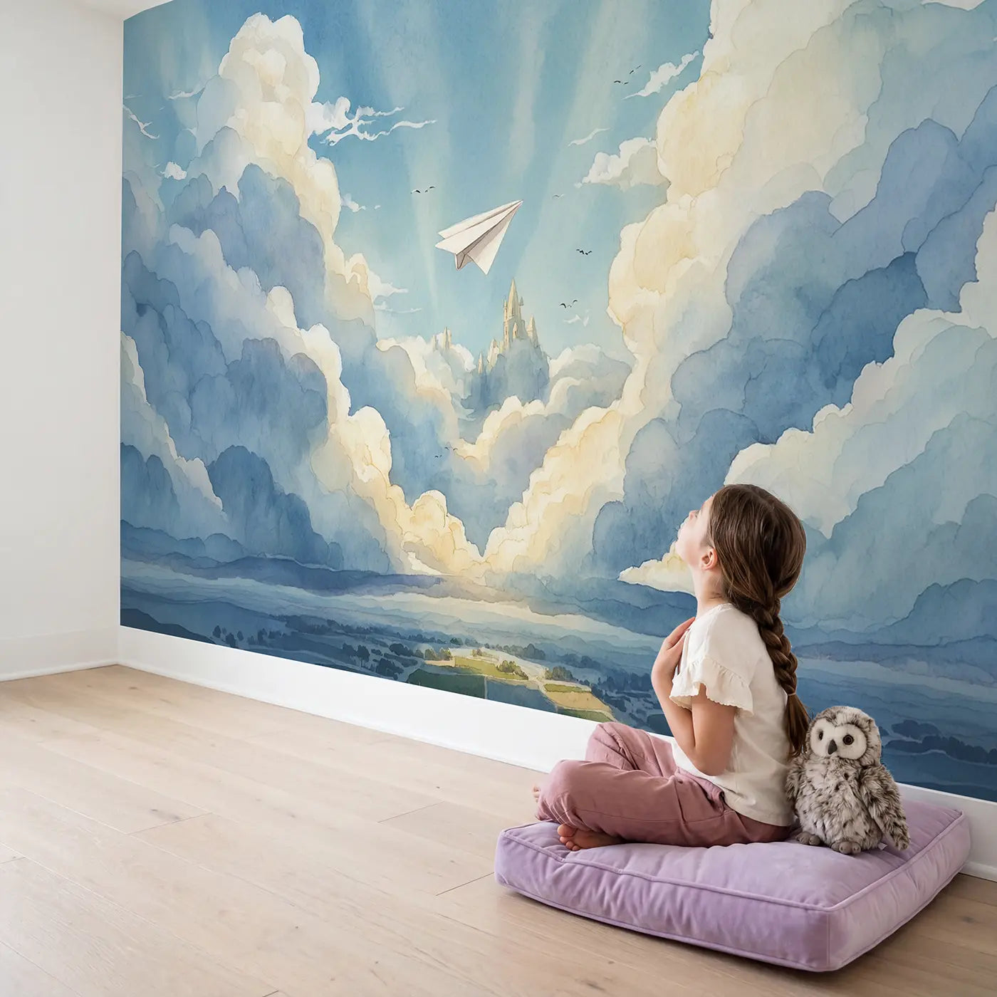 Child in nursery with Paper Airplane Cloud Journey Wallpaper Mural by Whimsy Tots