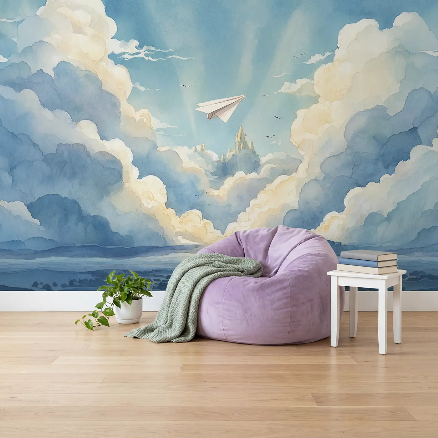 Paper Airplane Cloud Journey Wallpaper Mural in playroom setting by Whimsy Tots