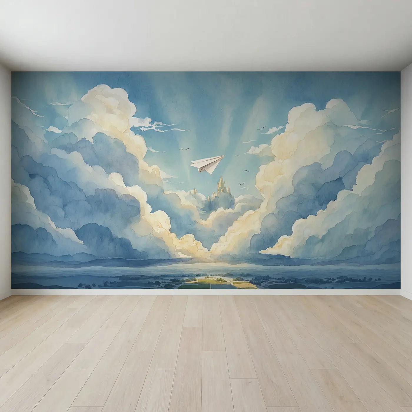 Full view of Paper Airplane Cloud Journey Wallpaper Mural by Whimsy Tots