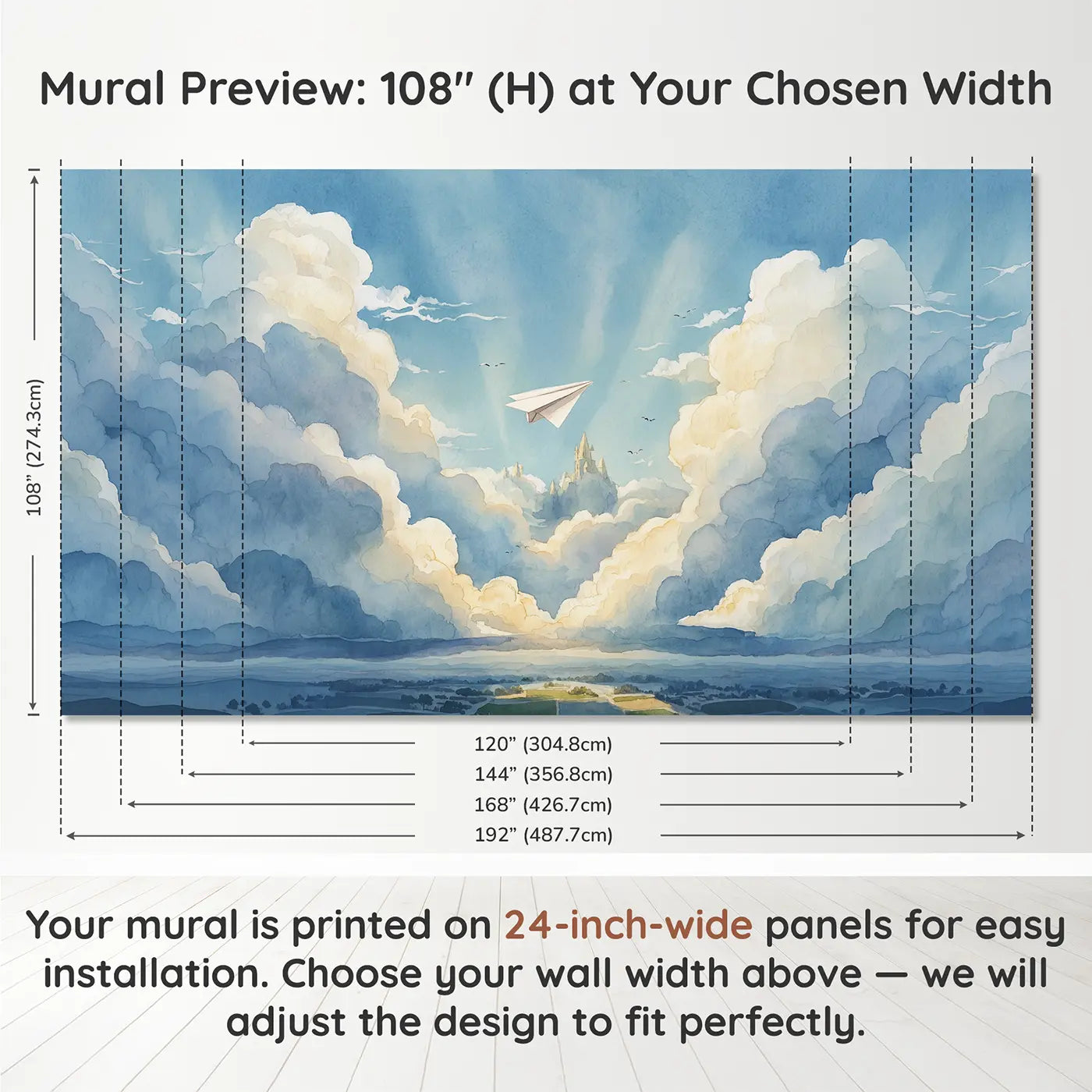 Panel layout and dimensions for Paper Airplane Cloud Journey Wallpaper Mural by Whimsy Tots