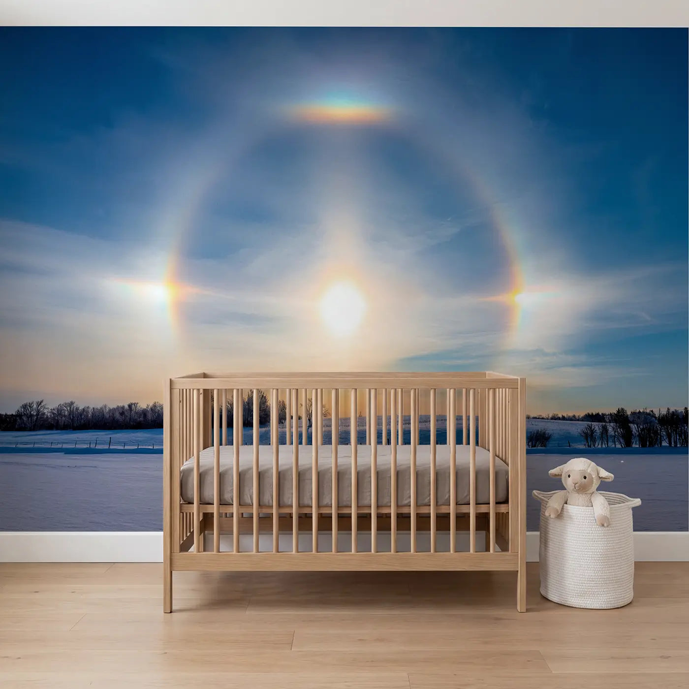 Soft pastel winter sun dog halos sky wallpaper mural for nursery by Whimsy Tots