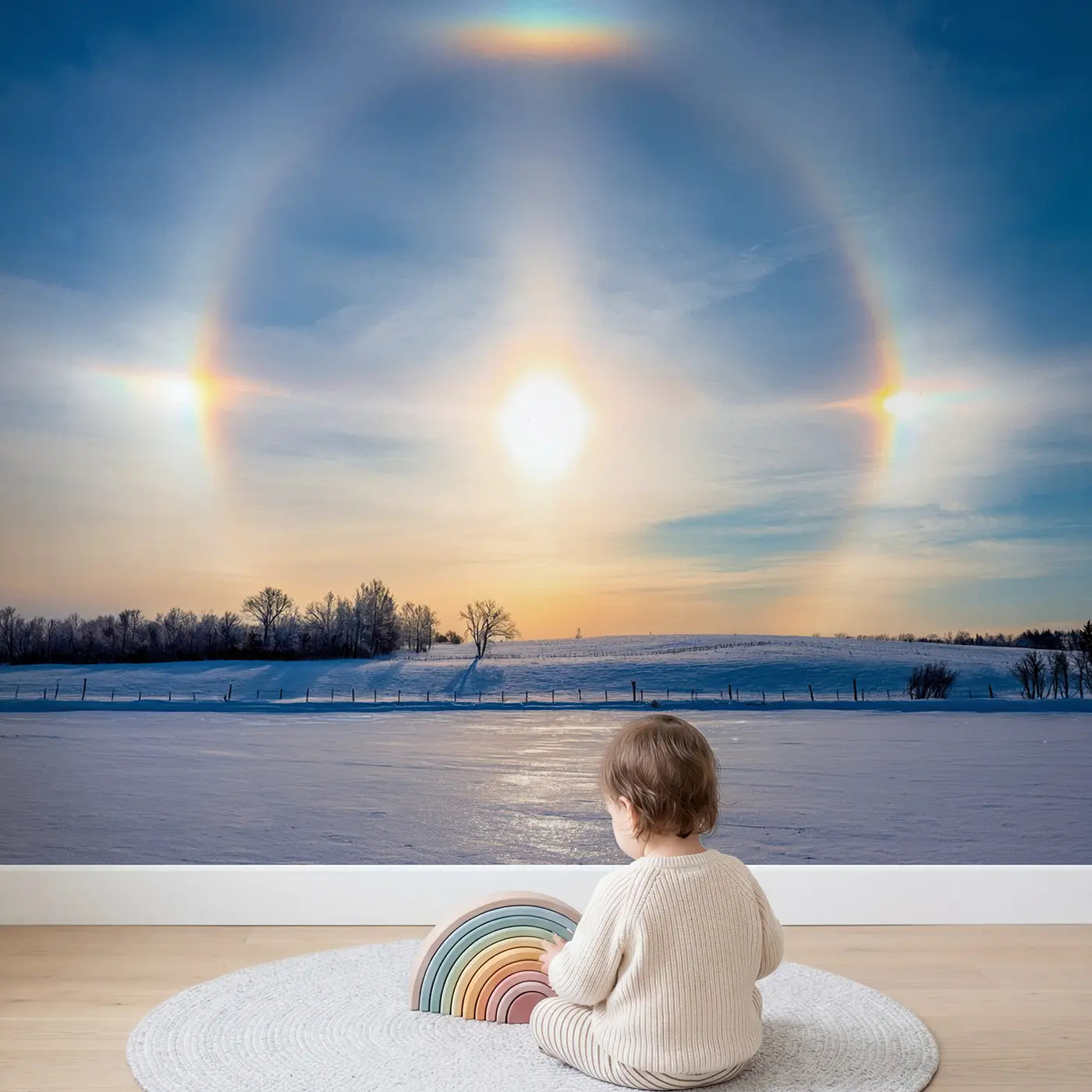 Child in nursery with Winter Sun Dog Halos Wallpaper Mural by Whimsy Tots