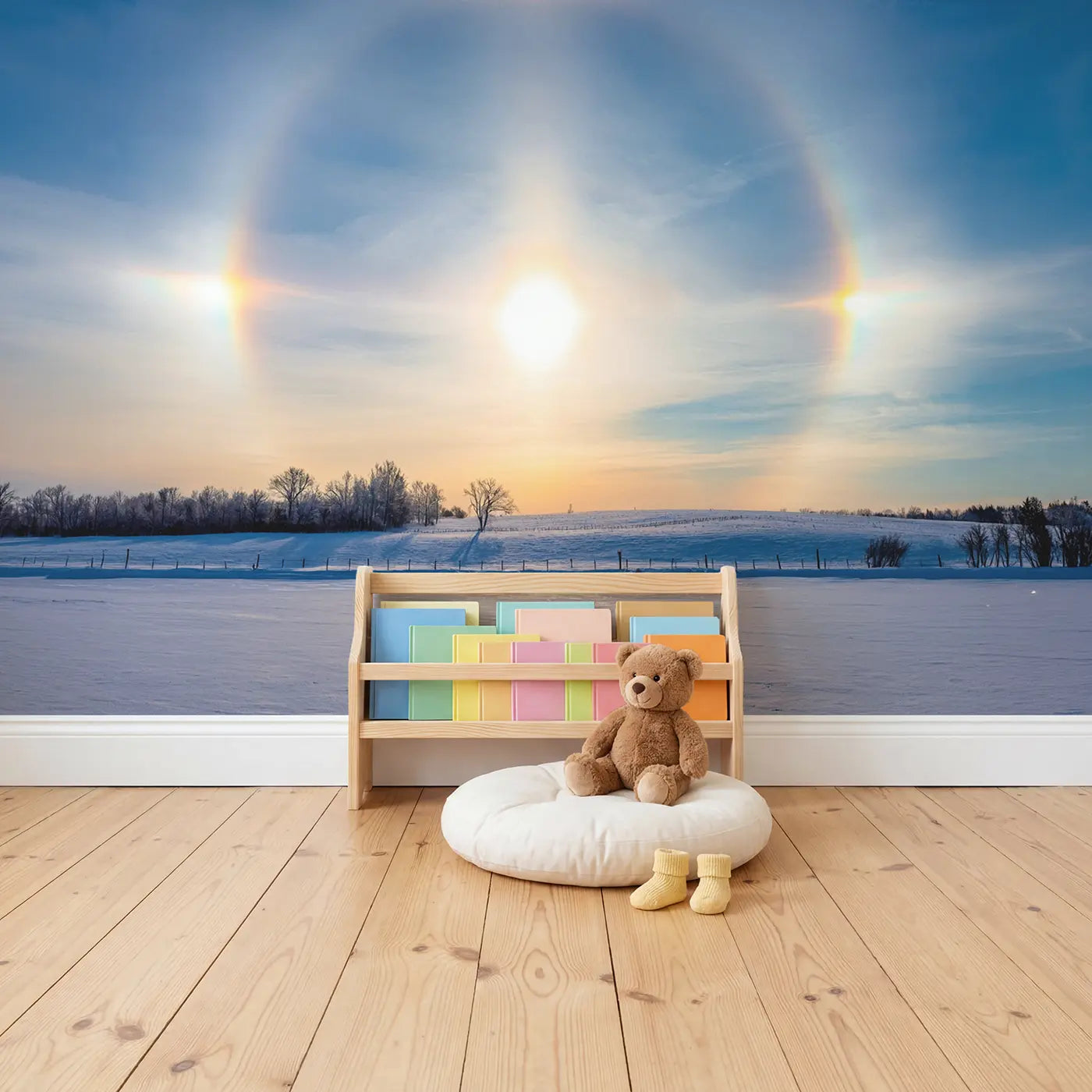 Winter Sun Dog Halos Wallpaper Mural in playroom setting by Whimsy Tots