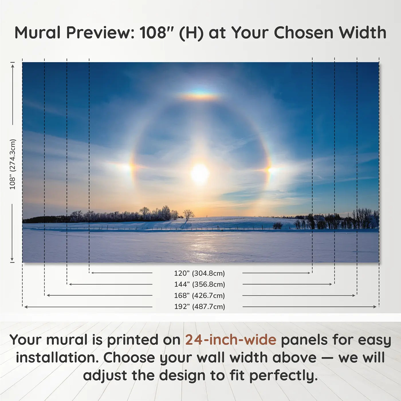 Panel layout and dimensions for Winter Sun Dog Halos Wallpaper Mural by Whimsy Tots