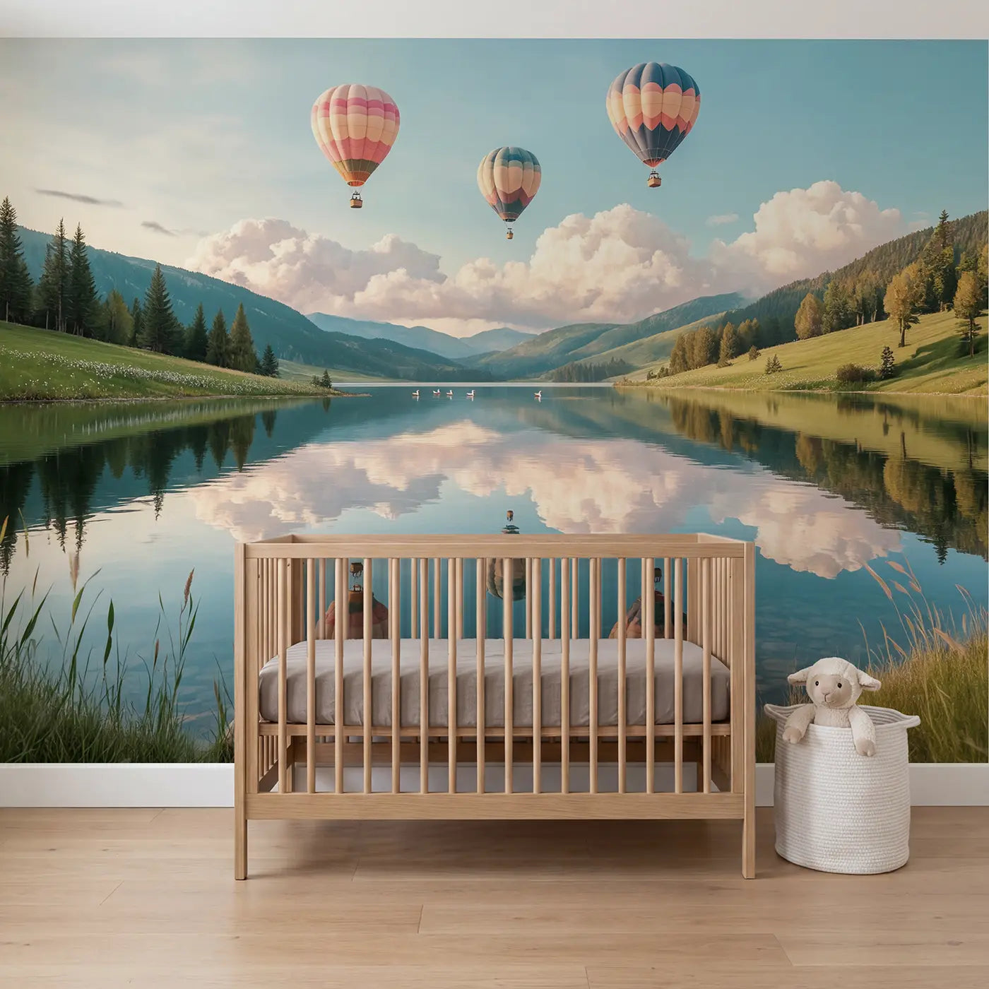 Soft pastel balloon lake reflection wallpaper mural for nursery by Whimsy Tots