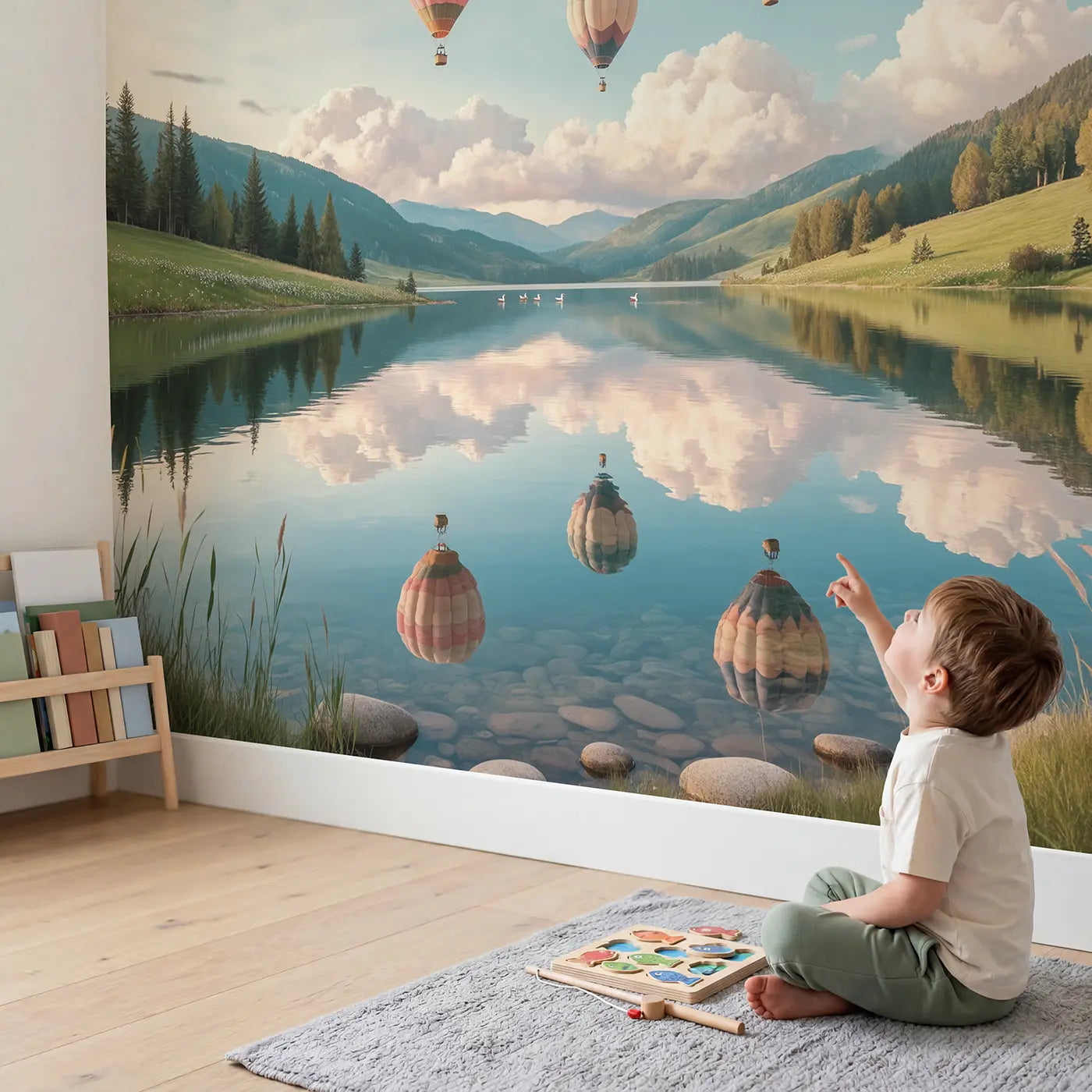 Child in nursery with Cloud Balloon Lake Mirror Wallpaper Mural by Whimsy Tots